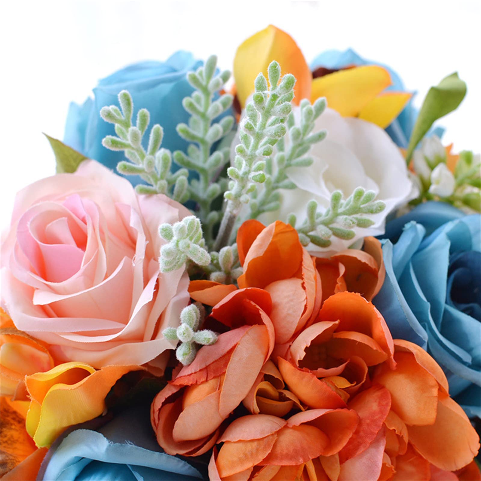 Bouquet da sposa blu polvere e arancione, calle, eucalipti, ortensie, crisantemi, ranuncoli, bouquet da sposa autunnale, fiori rustici moderni - Italia