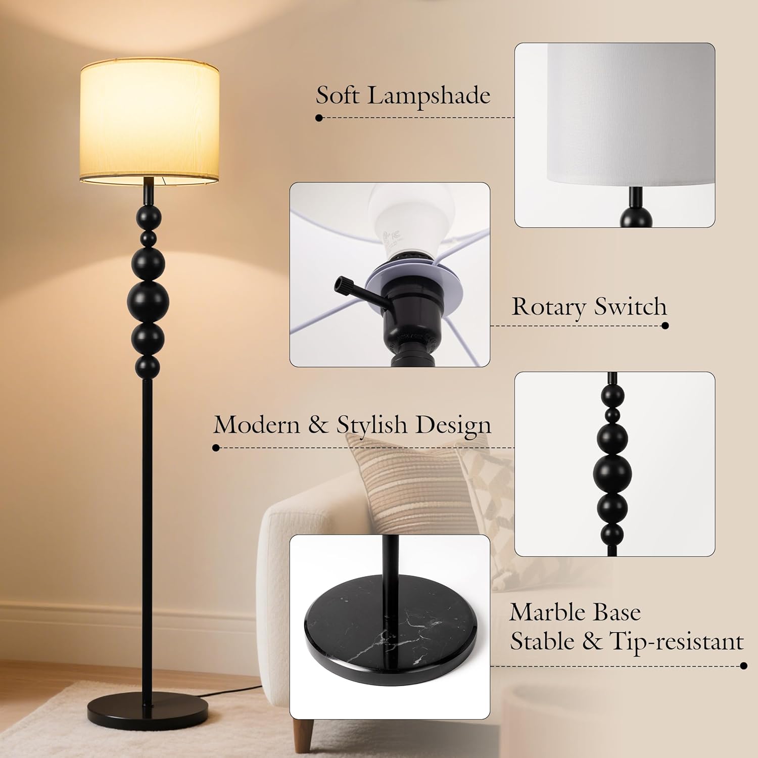 AELS 63" Mid Century Modern Floor Lamp with Bulb for Living Room, Marble Base, White Fabric Shade, Rotary Switch, 3 Color Temperatures, Metal Tall Floor Lamps with Ornated Balls for Living Room, Black