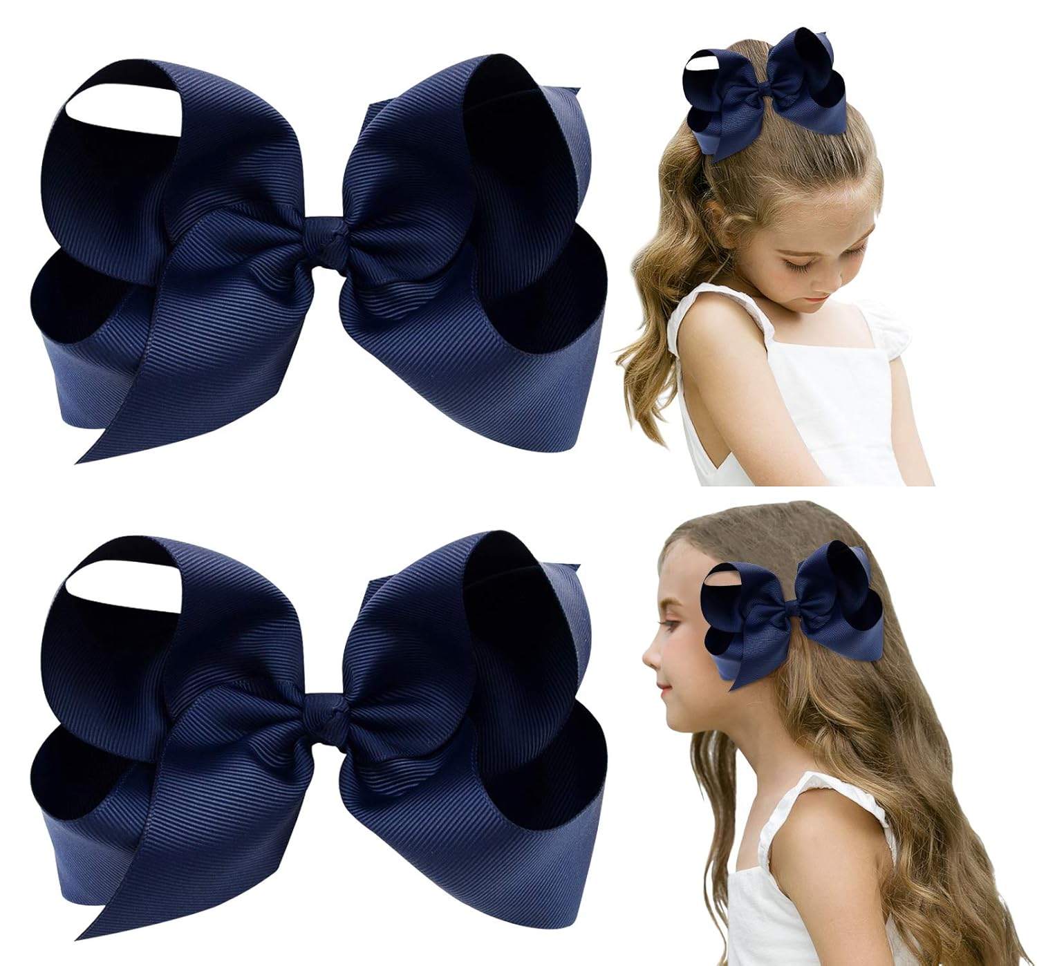 DEEKA 2 PCS 6" Big Hand-made Grosgrain Ribbon Solid Color Hair Bows Alligator Clips Hair Accessories for Little Teen Toddler Girls Kids Set of 2 -Navy Blue