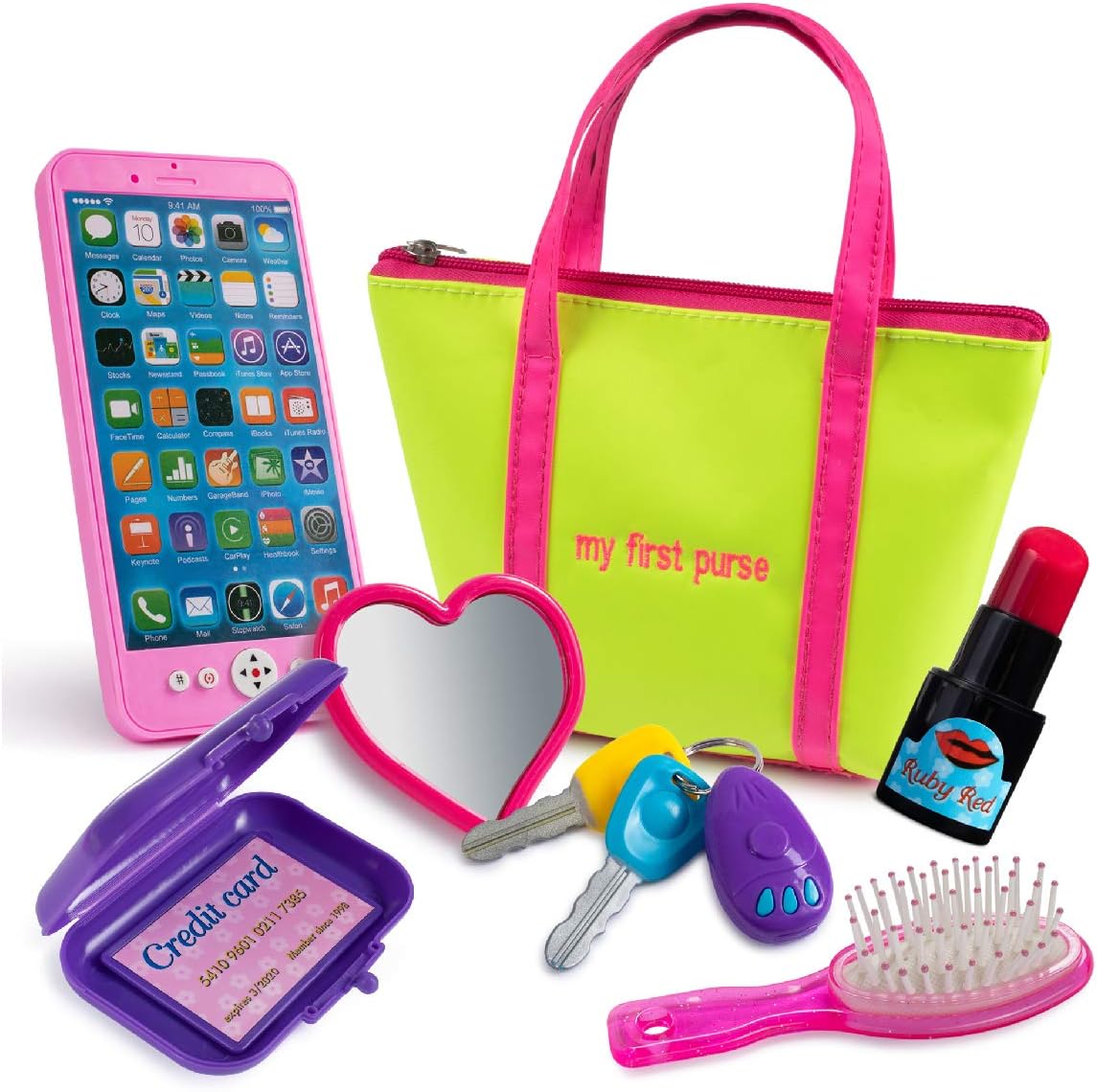 My First Purse - Kids Pretend Toy Hand Bag Includes Play Phone Keys Mirror Hairbrush Wallet Credit Card Lipstick - Great Gift Set for Girls, Boys, Toddlers & Preschools