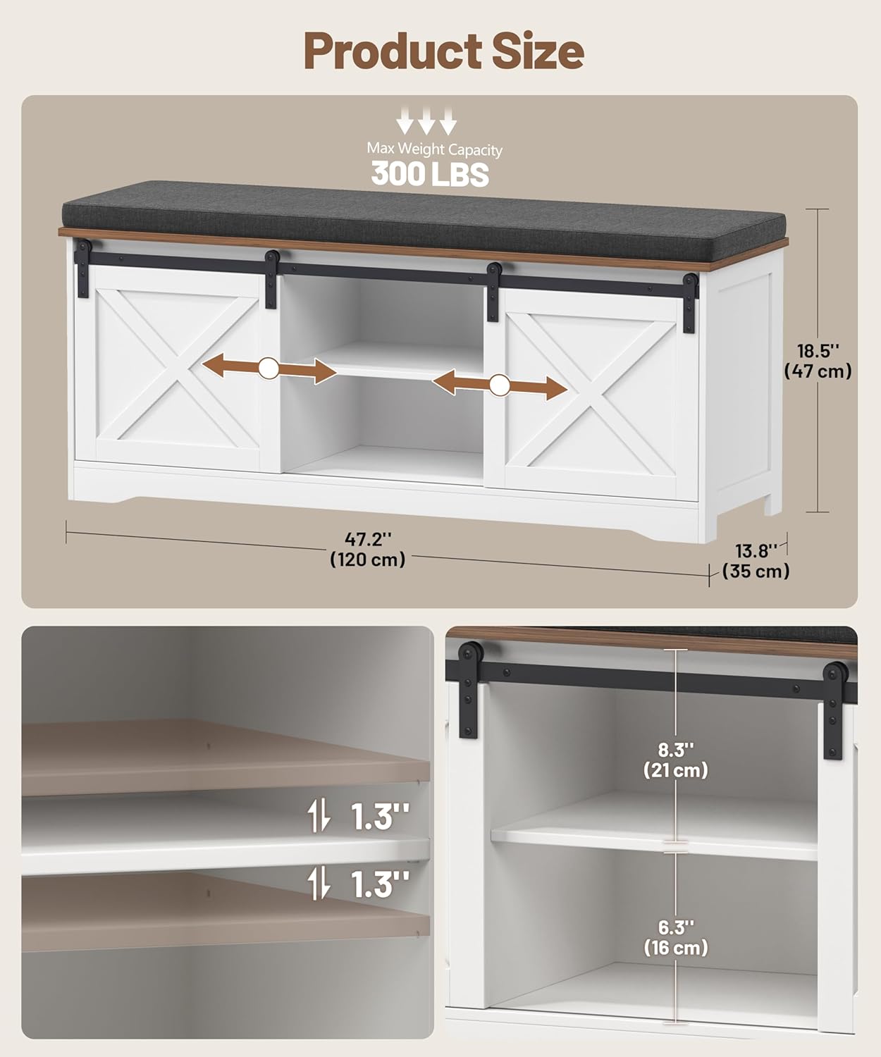 Farmhouse Storage Bench with Cushion, 47.2" Shoe Bench with Slide Barn Doors and Adjustable Shelves, Entryway Bench with Storage for Bedroom, Closet, Living Room, Hallway, White