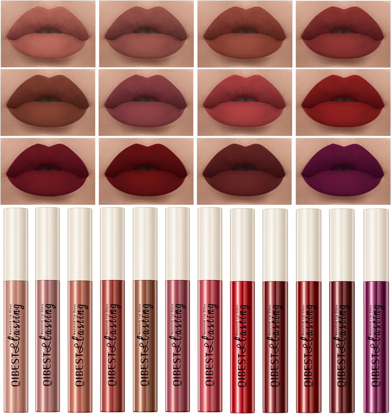 12Pcs Makeup Matte Lipstick Lip Kit, Classic Nudes & Bold Reds Lipstick Set, Non-Stick Cup Not Fade Liquid Lipstick Waterproof Long Lasting Durable Nude Lip Gloss, labiales mate 24 horas originale