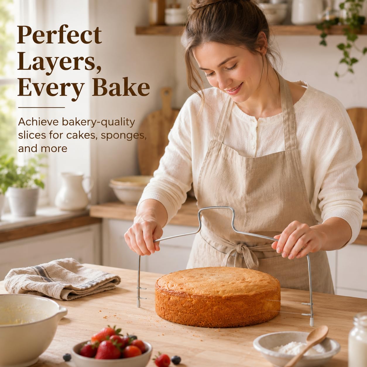 Coupe-Gâteau Réglable Professionnel 32 cm Acier Inoxydable Lyre Double Fil Trancheuse Précise