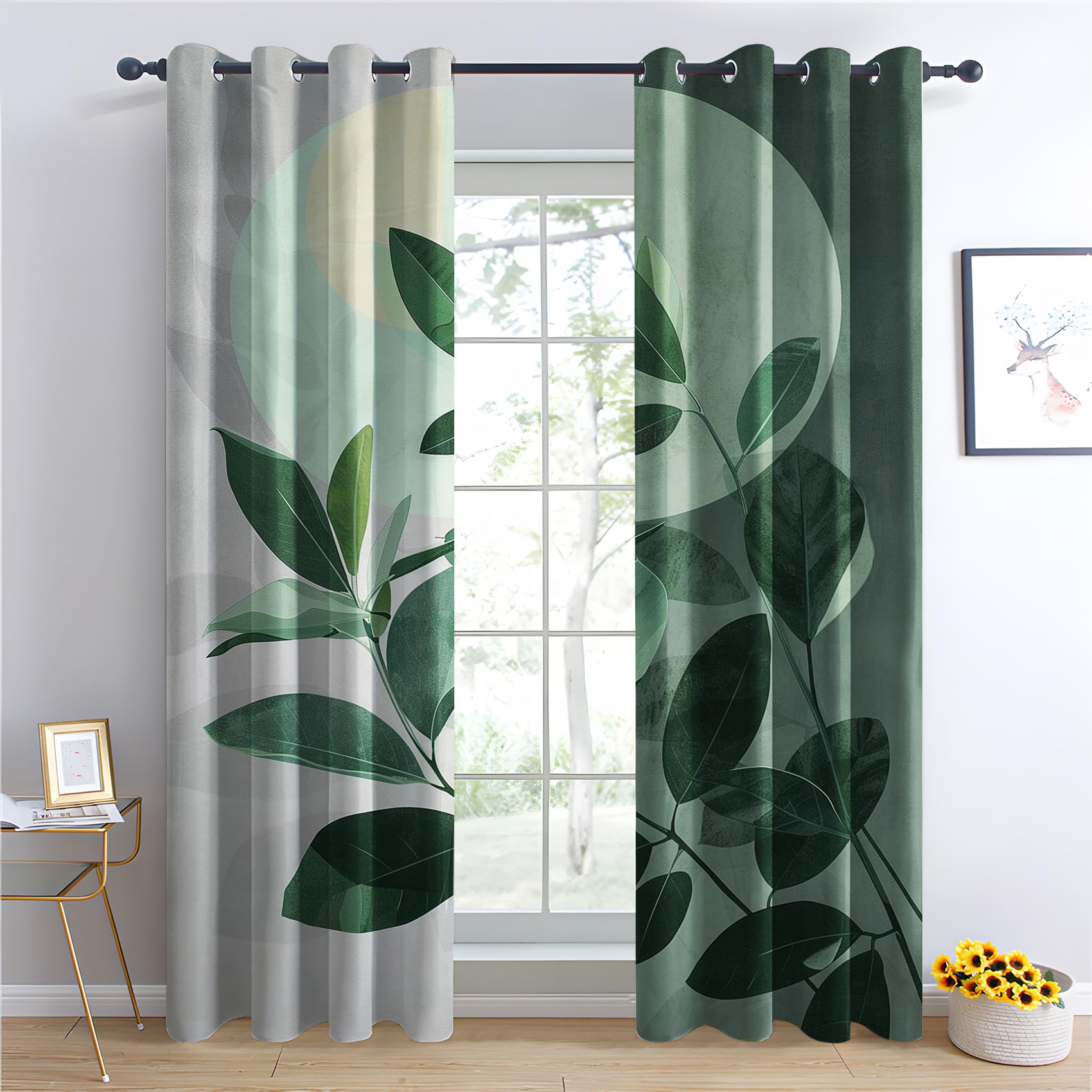 Generisch Vorhänge Blätter - Grüne Blätter Botanisch Fenster Gardinen mit Ösen, Vorhang Blickdicht Verdunklungsvorhänge Thermovorhang für Wohnzimmer Schlafzimmer Deko 2er Set, H 200 x B 140 cm V-#227