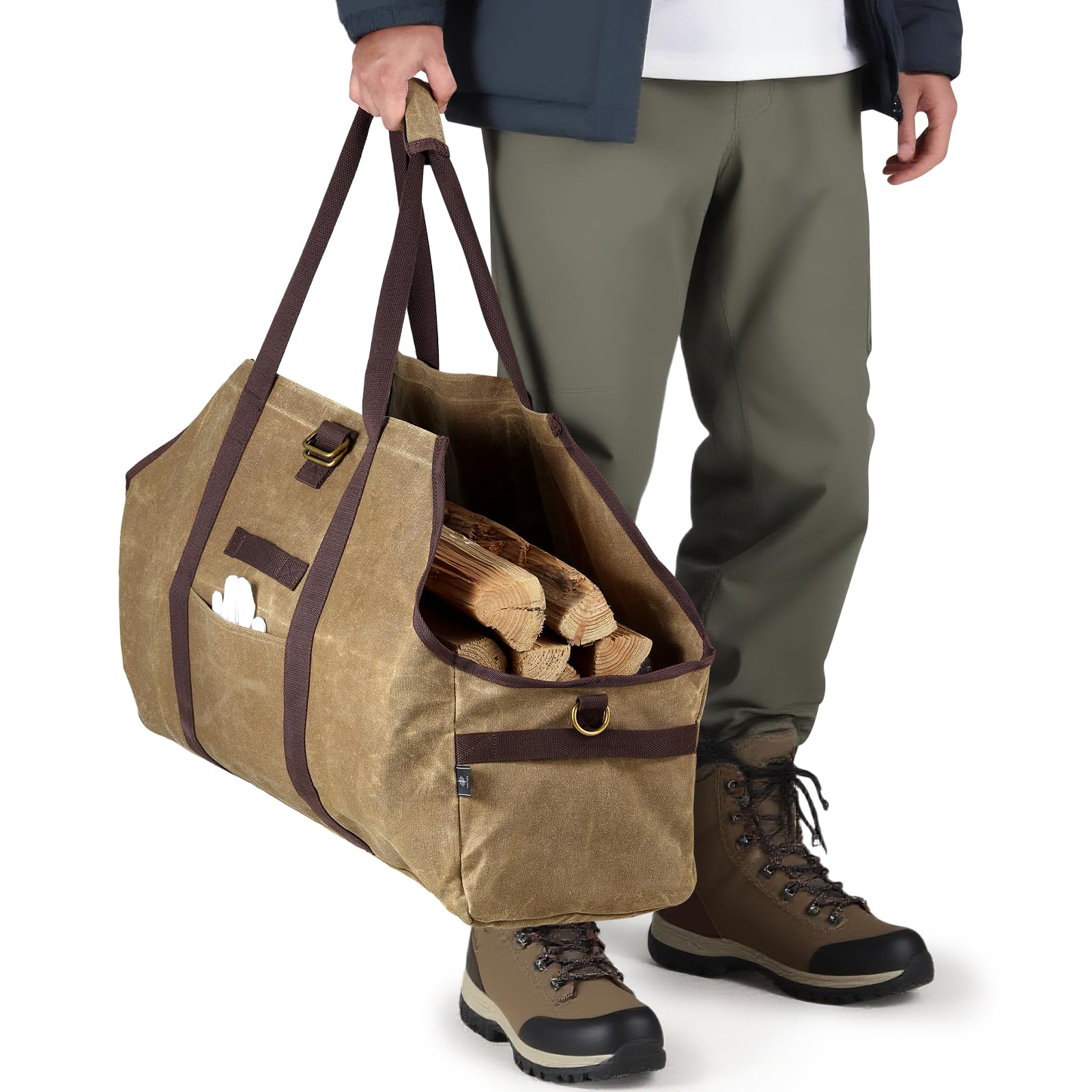 BONTHEE Borsa per il trasporto della legna da ardere in tela cerata, impermeabile, extra large, borsa porta legna indipendente per legna da ardere