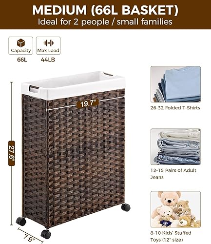 Miniatura 4 de Greenstell Cesta de lavandería con ruedas, cesta de lavandería delgada de 50 litros con 2 bolsas extraíbles y 2 bolsas de malla, cesta de ropa sucia