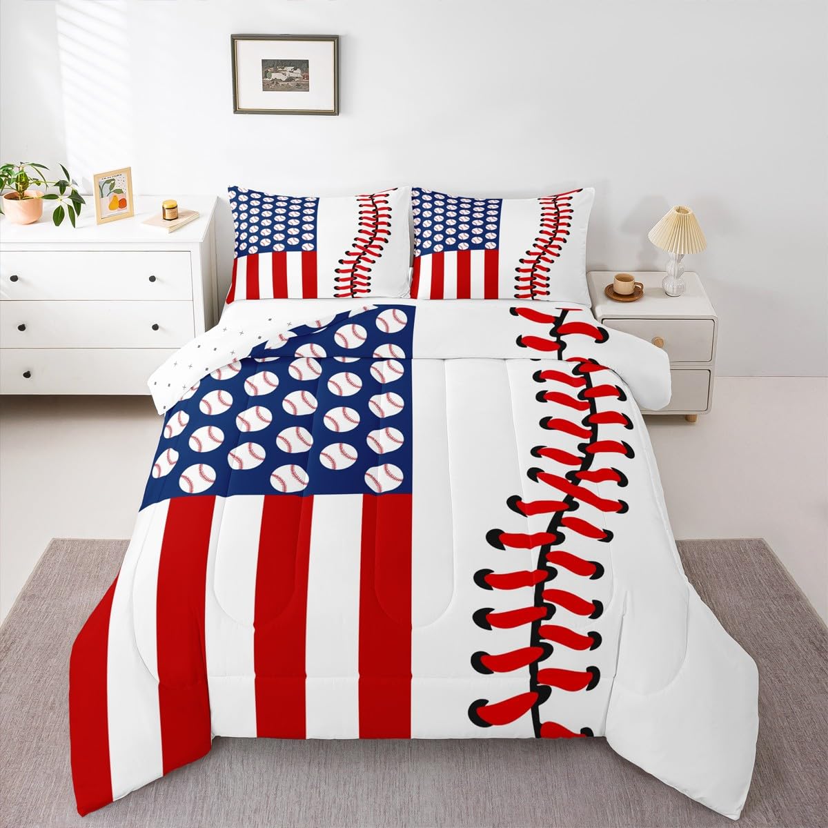 Baseball Comforter Set Sports Theme Sewing Geometric Bedding Set for Boys Girls Children 3D Ball Pattern Red White Blue Comforter Room Decor Baseball