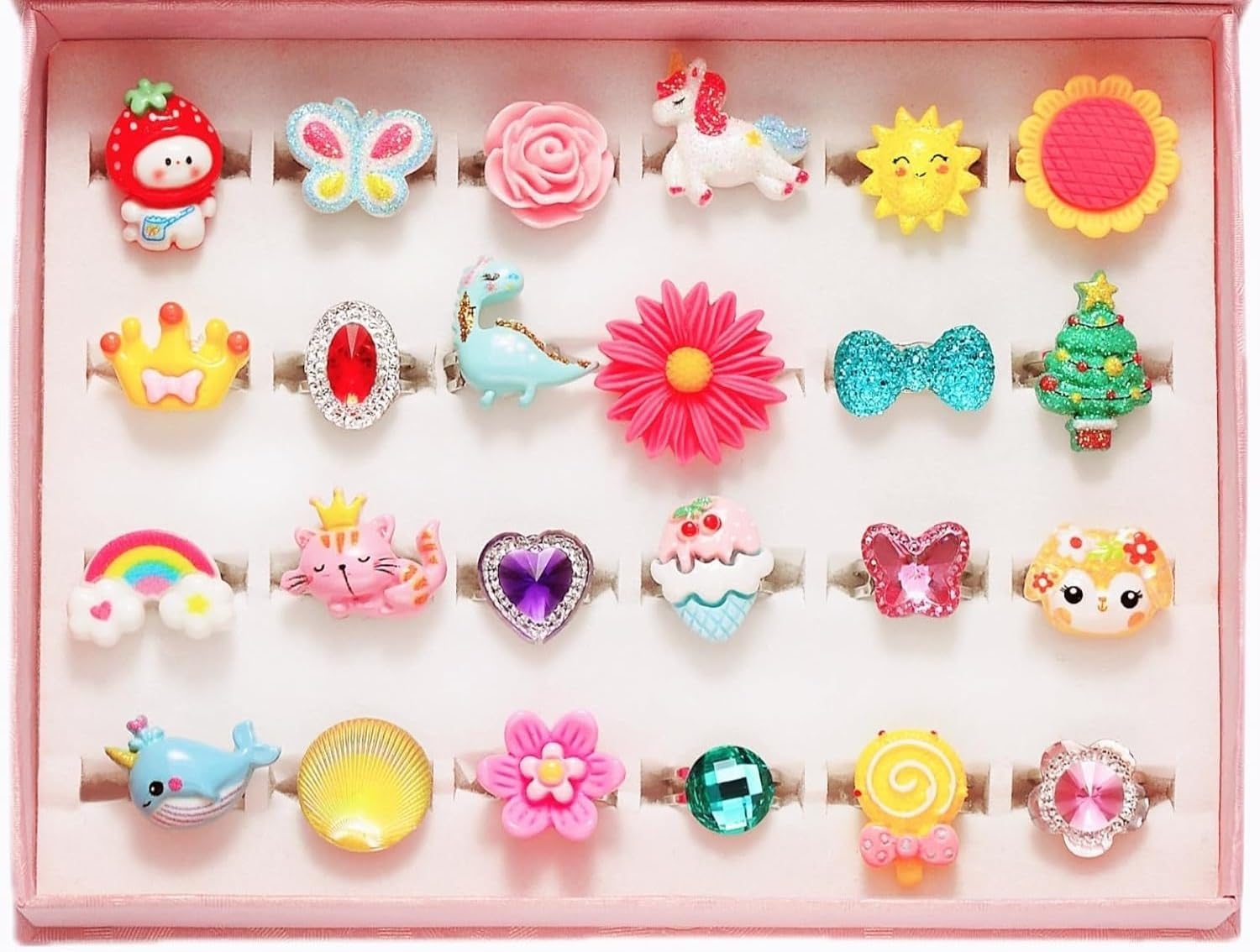 Little Girl Jewel 24 Pcs Cute Adjustable Rings For Girls In Box, 3 To 12 Years Old Girl Pretend Play and Dress Up Rings Best For Gift