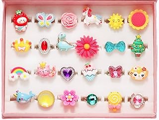 Little Girl Jewel 24 Pcs Cute Adjustable Rings For Girls In Box, 3 To 12 Years Old Girl Pretend Play and Dress Up Rings Best For Gift