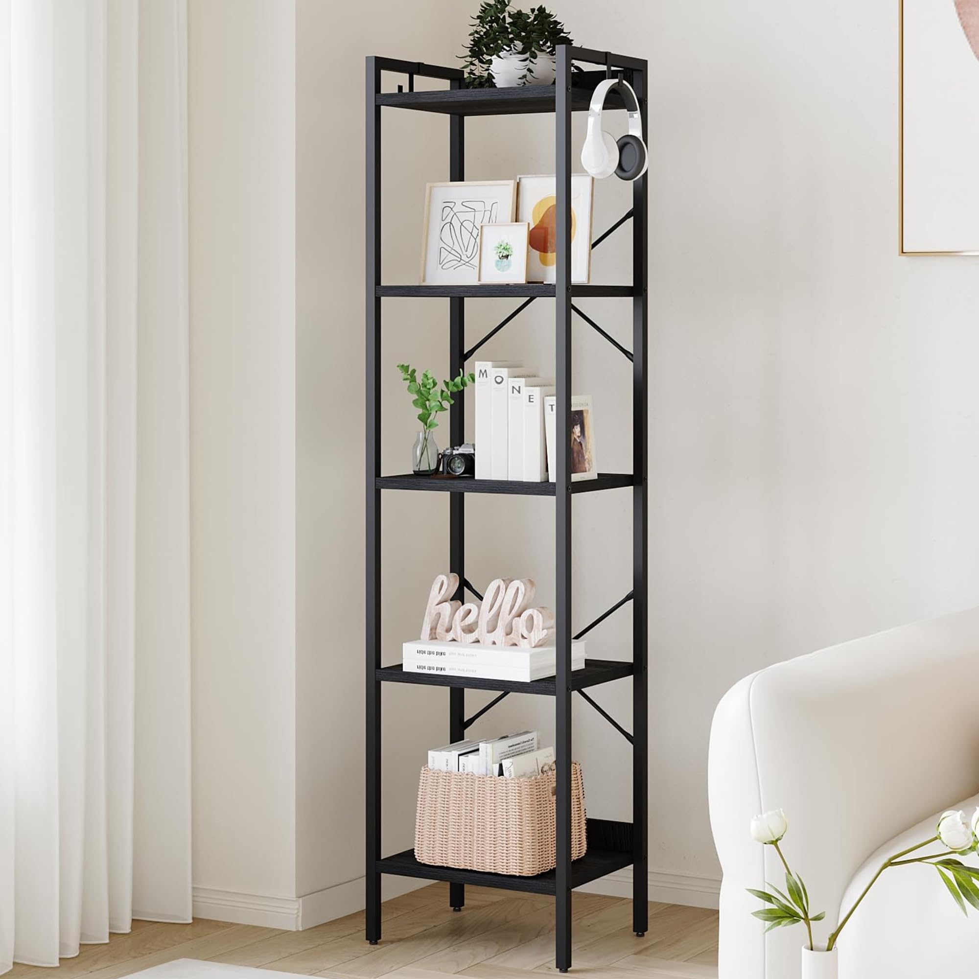 Hzuaneri Bookshelf, Book Shelf, Industrial Bookcase with 2 Hooks, Coner Shelf Storage Organizer for Home Office, Living Room, Bedroom, Kitchen, 5-Tier Black BC10504B - 9.4"D x 15.7"W x 63"H - Black