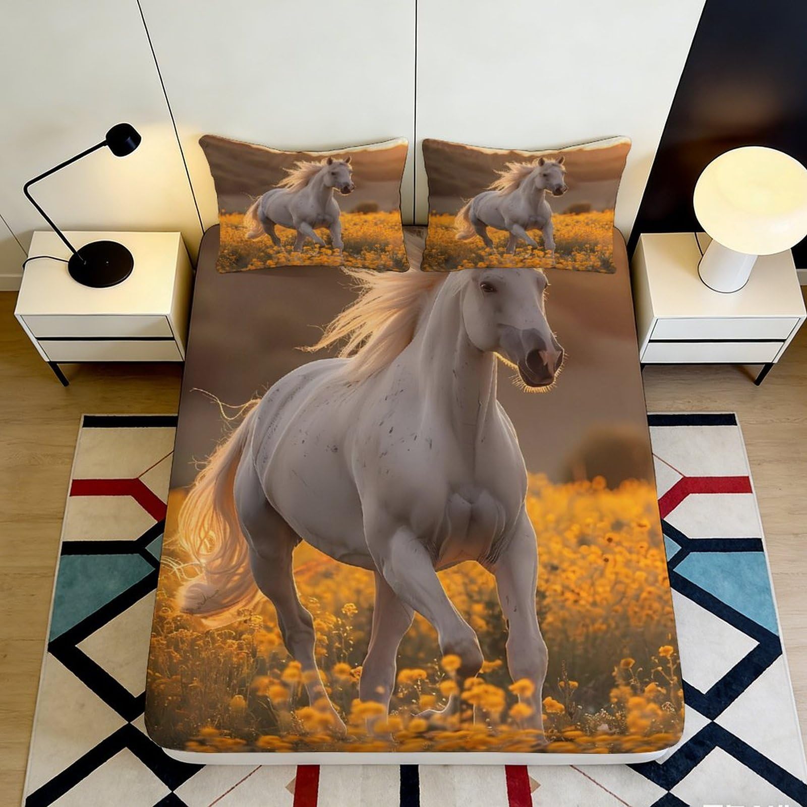 3D Printed Horse Fitted Sheet Microfiber Deep Pocket Bedroom Bedding Horse Mattress Fitted Cover Non-Slip for Adults Teens 200x200x25cm 90x200x25cm
