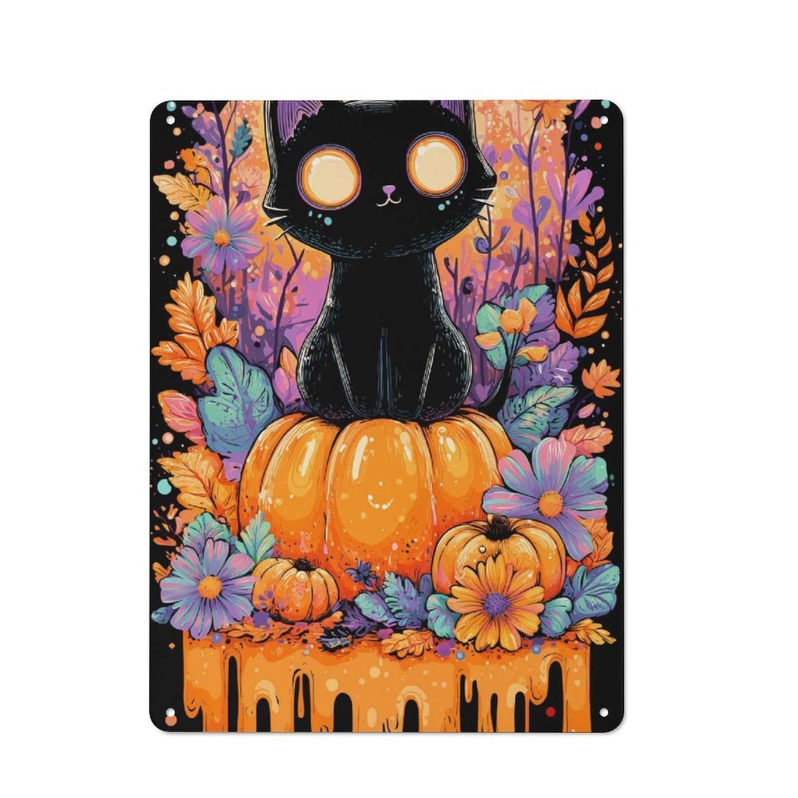 Junmoney Cute Cat On Pumpkin Metal Plaque 40X30cm With For Hallway Wall, Retro Decor, For Wall Display Collectors