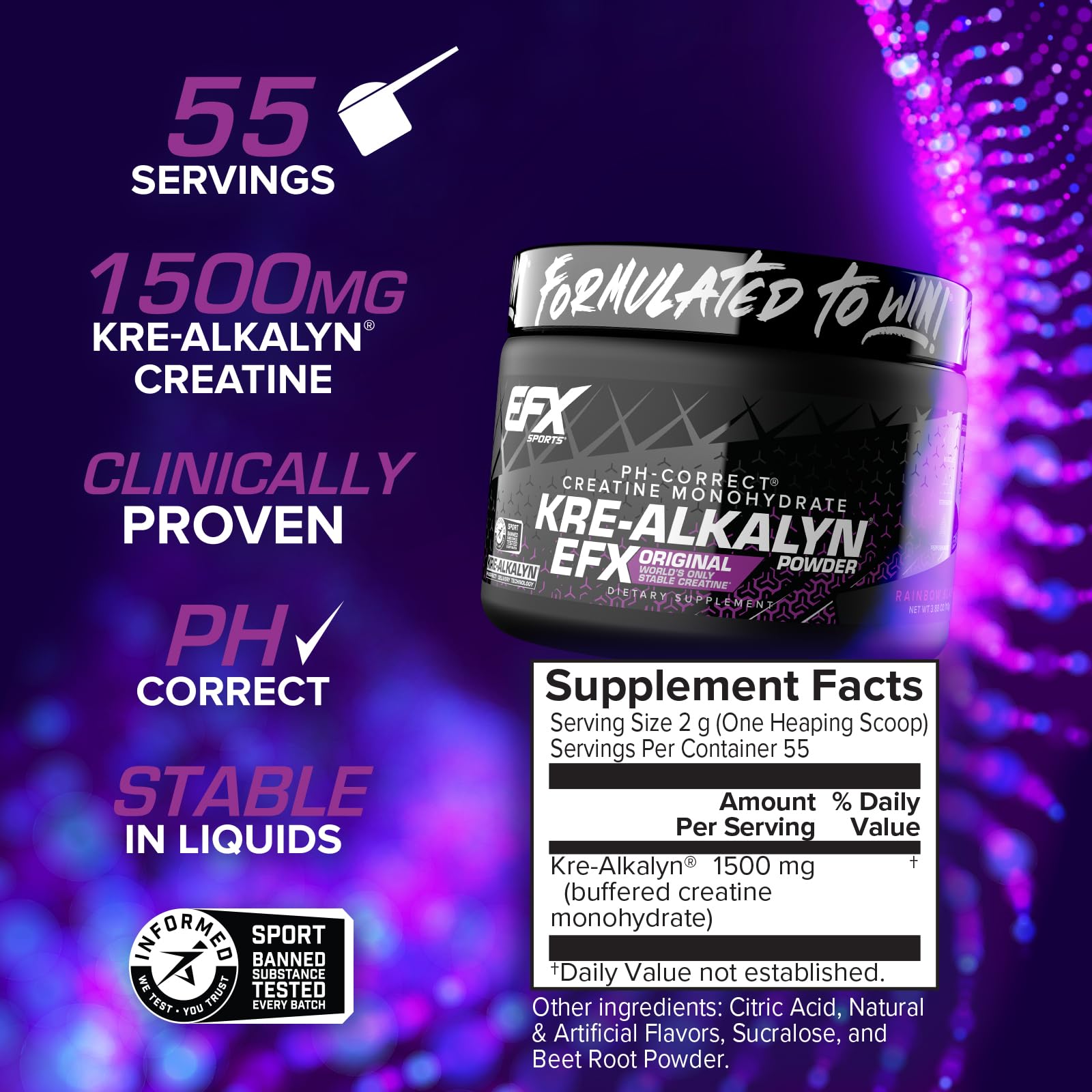 EFX Sports Kre-Alkalyn EFX Powder | pH Correct Creatine Monohydrate Powder Supplement | Strength, Muscle Growth & Performance | 55 Servings (Rainbow Blast) — Amazon image 2
