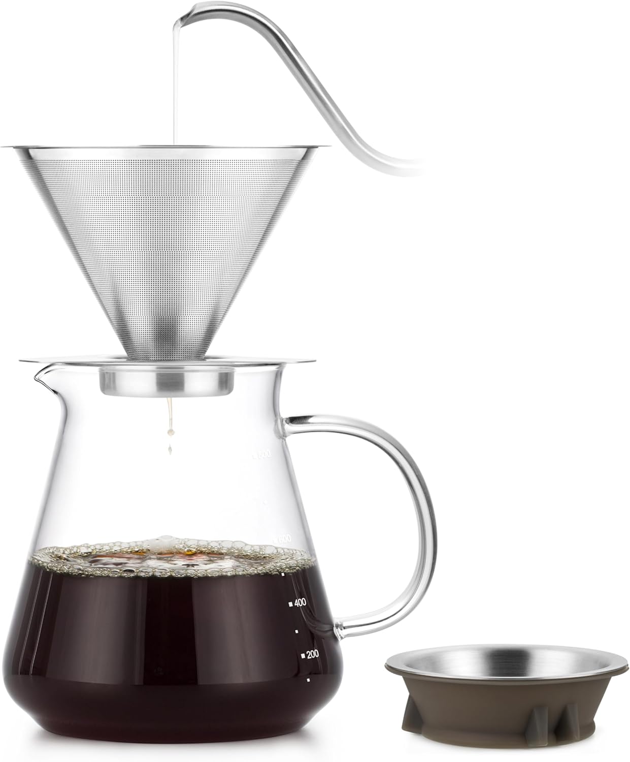 Pour Over Coffee Maker with Double Stainless Steel Filter, 4 Cups, 20.3oz, High Heat-Resistant Glass, Ideal for Camping, Hiking, and Office, FT-009 (600ml)