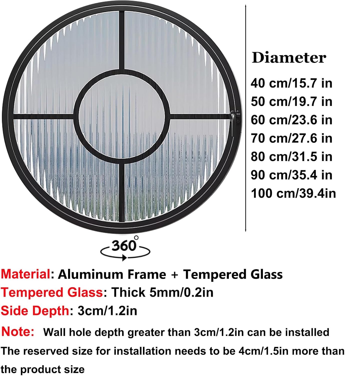 Aluminum Alloy Round Shed Windows with Privacy Glass, 360° Rotating Ventilation for Attic, Basement, Kitchen - Enhance Light & Airflow, Durable & Stylish Design,Black,60 cm/23.6 in