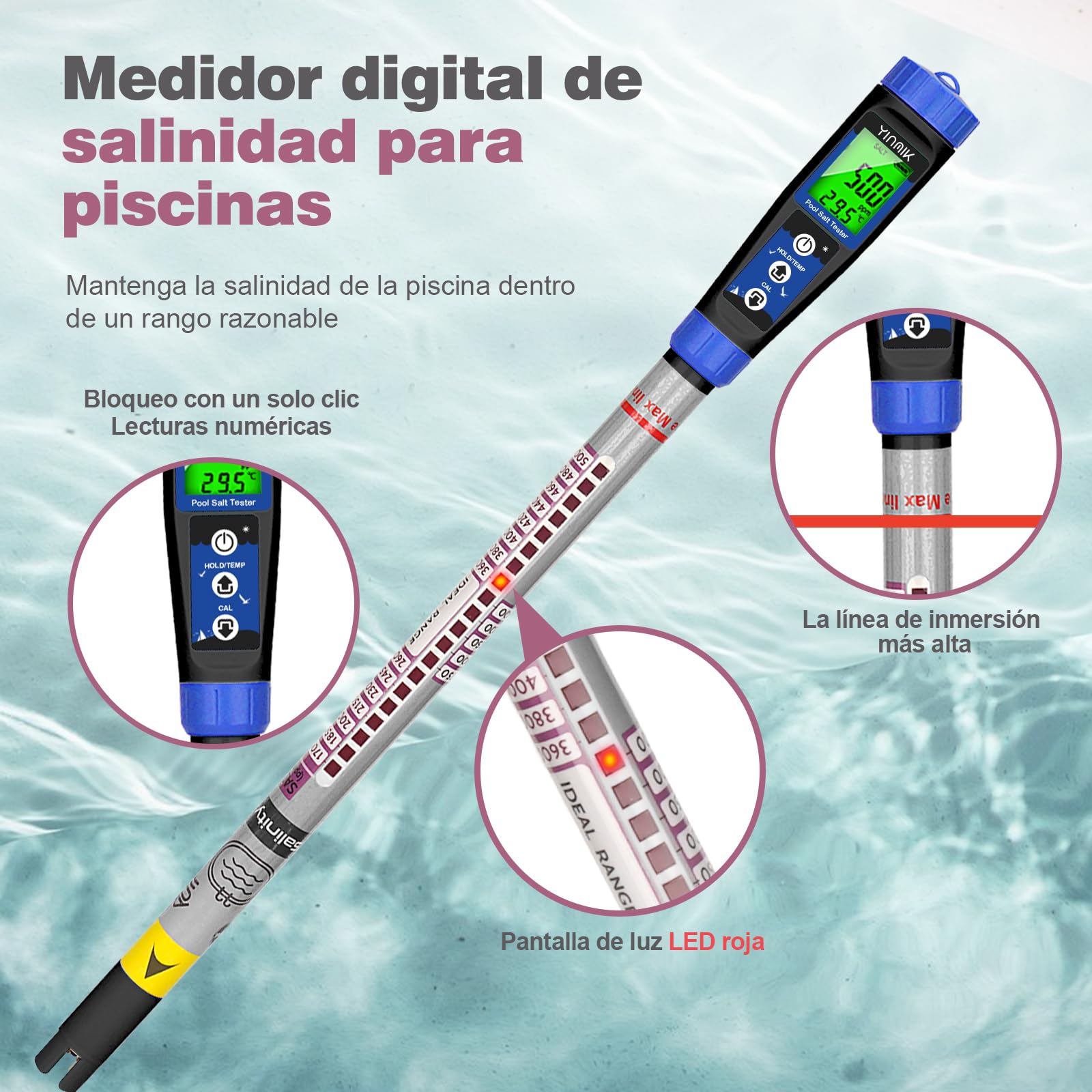 YINMIK Piscinas Medidor de Sal, Probador de Salinidad y Term Metro, Medidor de Salinidad Digital para Piscina SPA, Adecuado para Piscinas, Peces de Agua Dulce