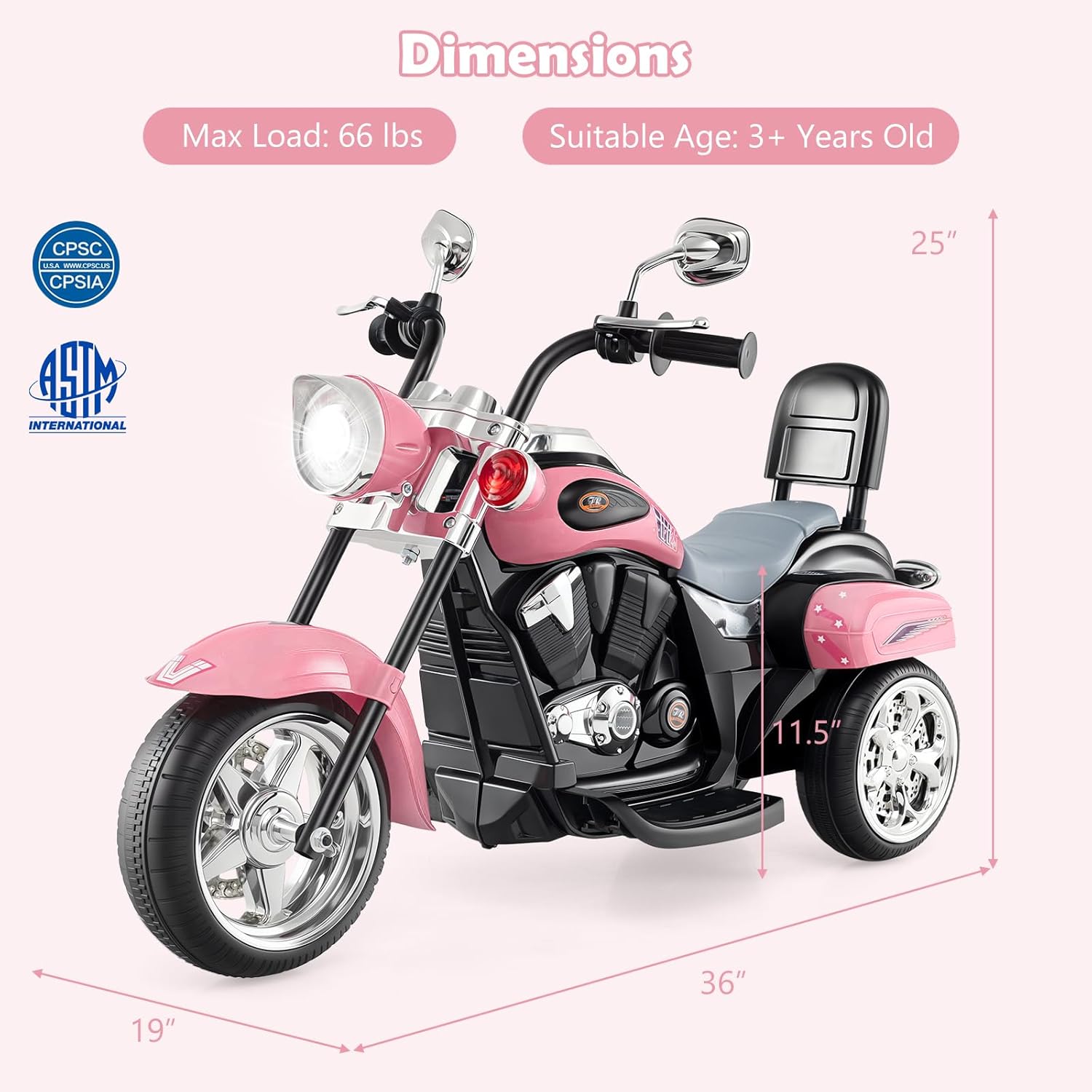 Costzon Kids Motorcycle, 6V Battery Powered Ride on Chopper Motorcycle w/Horn, Headlight, 3-Wheel Stable Ride on Toys, Electric Toddler Motorcycle for Kids, Gift for Boys Girls (Laser Pink)