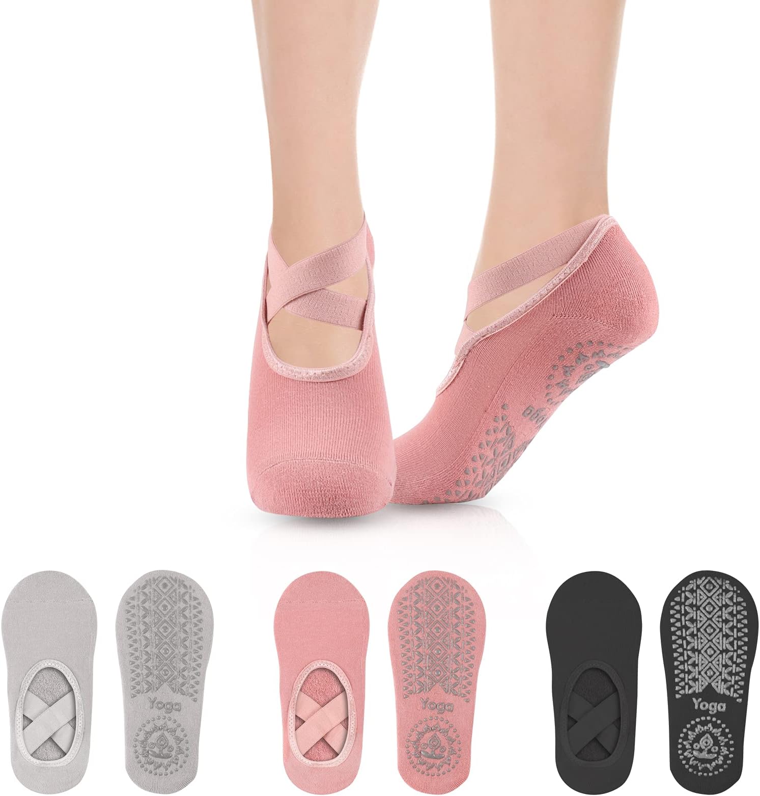 Comius SharpPack of 3 Yoga Socks for Women Pilates Yoga Socks Easy to Put On Non-Slip Cotton Socks for Barre Ballet Dance