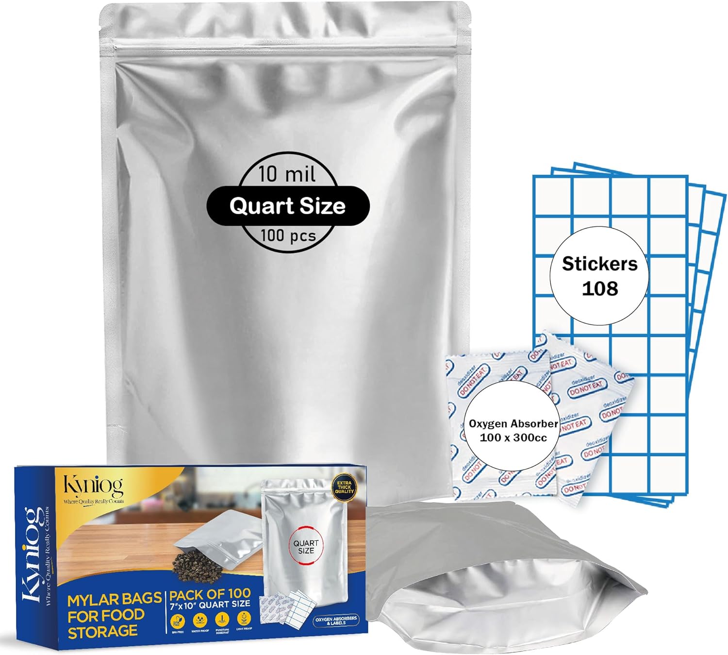 Kyniog® 100 Pcs 1 Quart Mylar Bags for Food Storage 7x10 inches Mylar Vacuum Seal