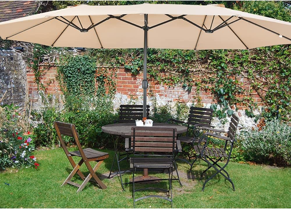 Patio Watcher 15 Ft Patio Double Sided Umbrella with Base, Extra Large Twin Outdoor Market Patio Table Umbrella with Crank and Base, Khaki