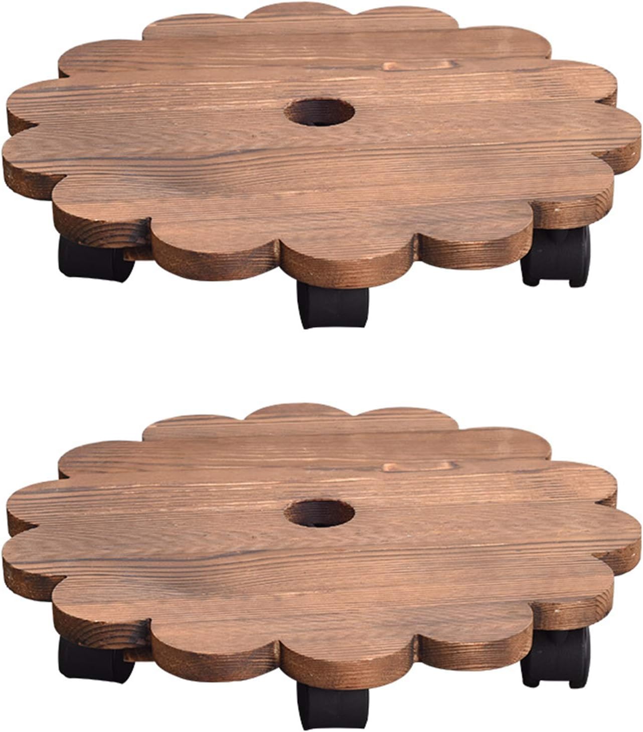 TITA-DONG 8 Inch Rolling Wooden Planter Caddy, 2 Pack Heavy Duty Movable Flower Type Pot Stand, Rustic Round Plant Pot Stand with Wheels for Indoor Outdoor Home Garden