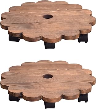 TITA-DONG 8 Inch Rolling Wooden Planter Caddy, 2 Pack Heavy Duty Movable Flower Type Pot Stand, Rustic Round Plant Pot Stand with Wheels for Indoor Outdoor Home Garden