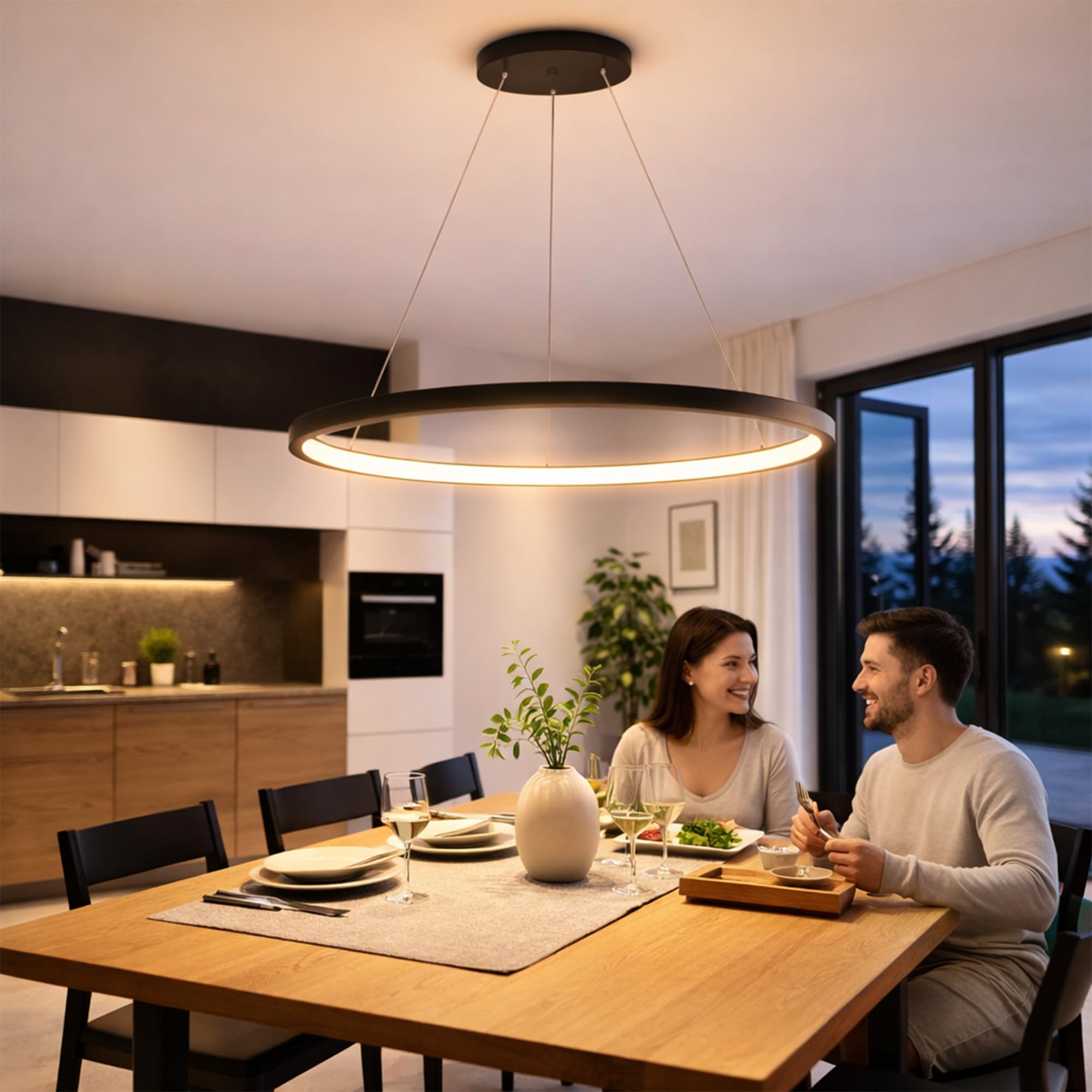 LED Pendelleuchte Esstisch Hängelampe Ring 22W Schwarz 60cm | Hängeleuchte Mit 3 Farbtemperaturen Modern Aluminium Kronleuchter Hängend 160cm Höhenverstellbar Für Esstischlampe Küchen