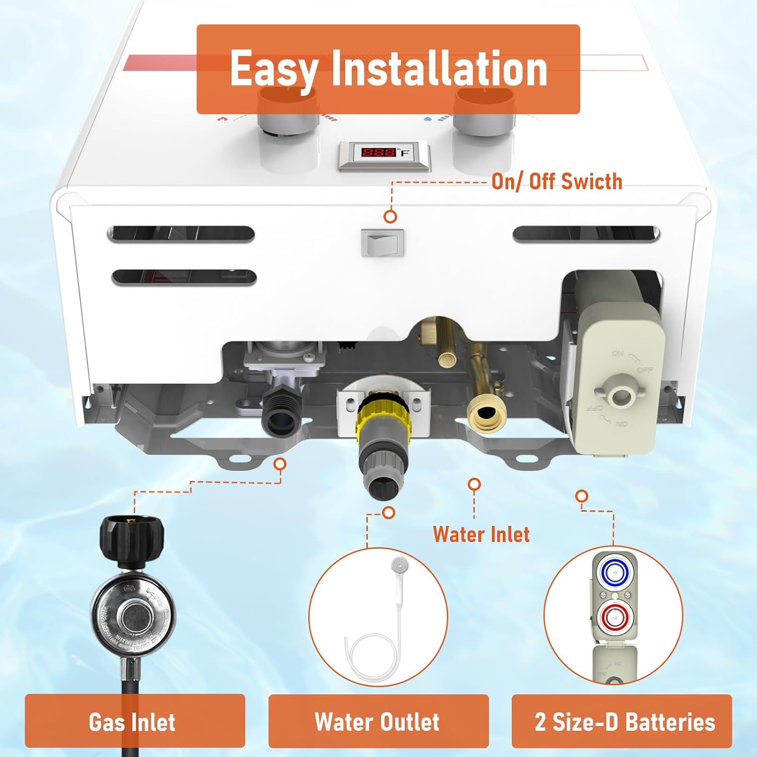 Diagram showing easy installation steps for the TOPWISH water heater, including gas inlet, water outlet, 2 Size-D Batteries, and On/Off switch.