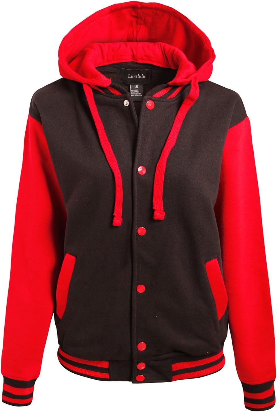 Lurelulu Women's Letterman Varsity Baseball Jacket with Removable Hood BLACK/RED SMALL