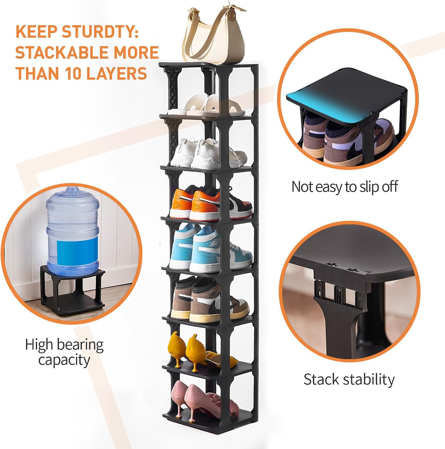 5 Tiers Vertical Shoe Rack, Narrow Free Standing Shoe Storage Organizer for Entryway and Small Closet, Stackable Shoe Holder Shelf Stability DIY, Black