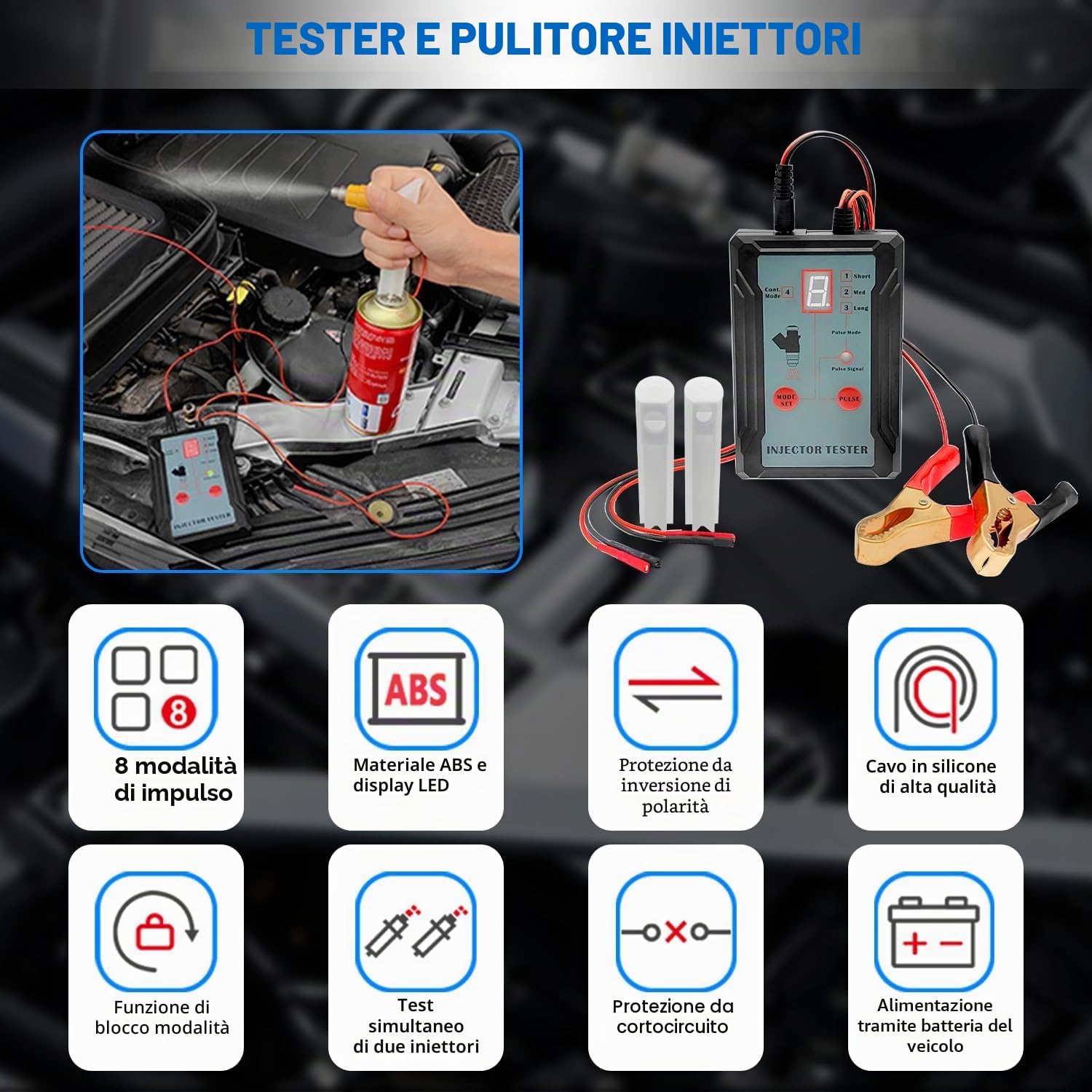 ZKTOOL Tester per Iniettori Automobilistici, 2 Adattatori per la Pulizia degli Ugelli, 8 modalità di Impulso, Strumenti per la Pulizia Fai-da-Te dell'Auto, con Protezione da Cortocircuito