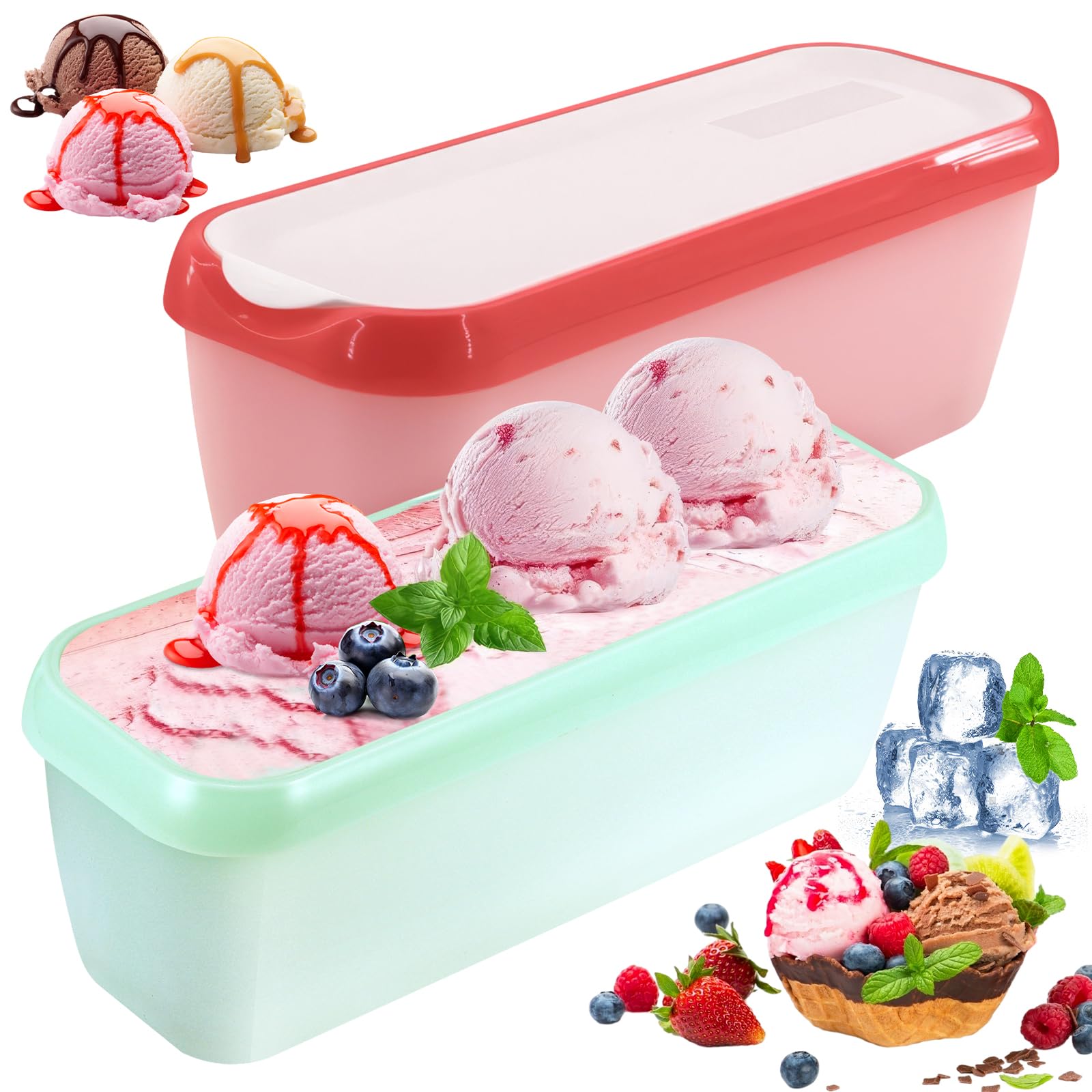 Lot de 2 bac a glace maison, 1,5 L boîte pour glace maison, Récipients Réutilisables pour la Crème Glacée faite Maison, Sans BPA en qualité alimentaire (vert+rouge clair)