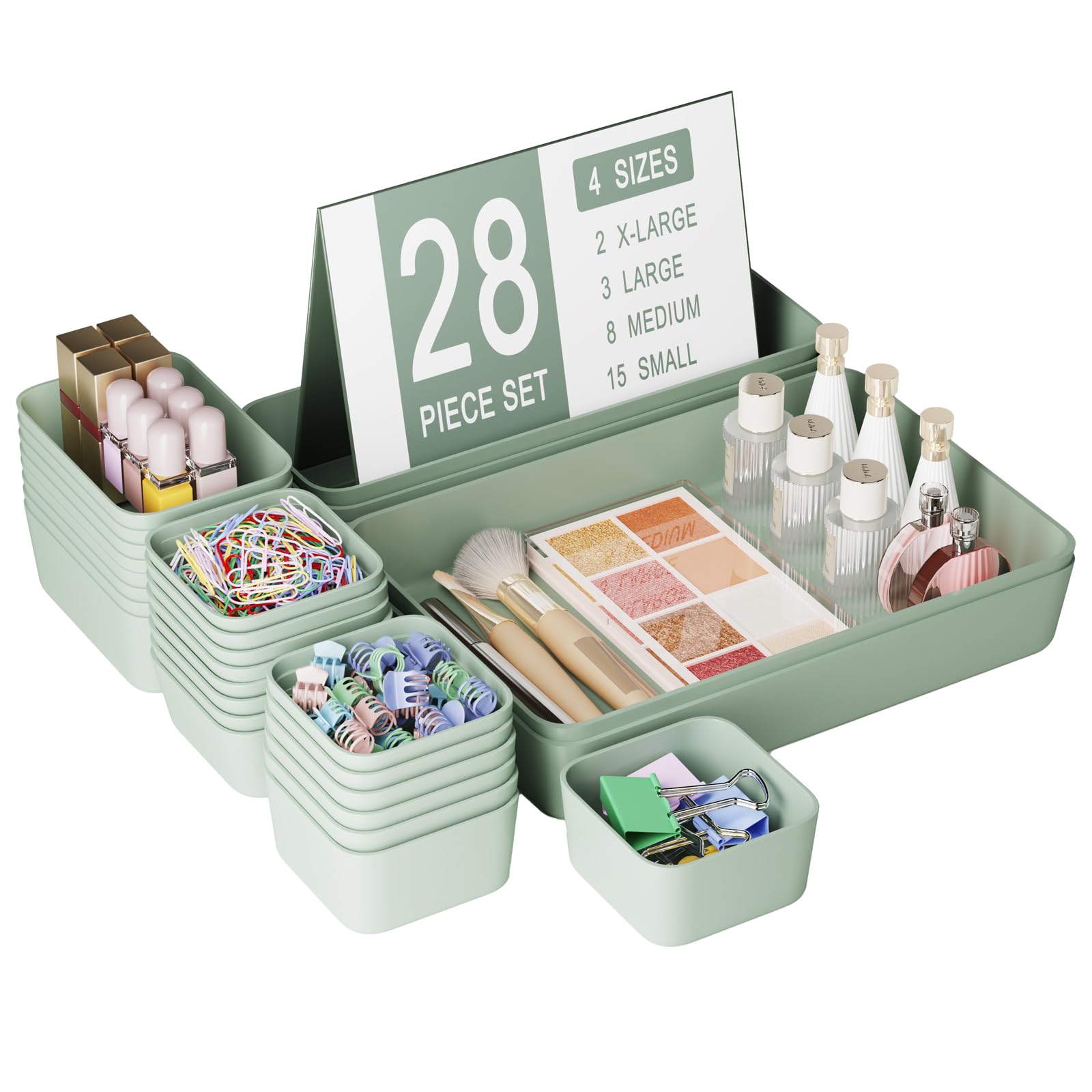 Homhut 28 pcs Desk Drawer Organizer Tray, Multiple Sizes Plastic Drawer Organizer Storage, Stackable Organizer Containers For Makeup, Bedroom, Kitchen