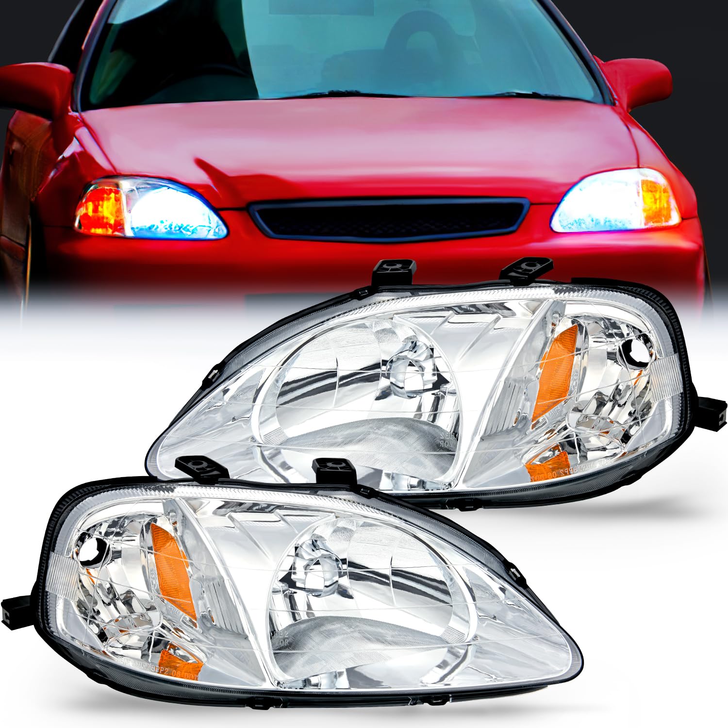 Nilight Headlight Assembly Compatible with 1999 2000 Honda Civic Headlamps Replacement Chrome Housing Amber Reflector Upgraded Clear Lens Driver and Passenger Side