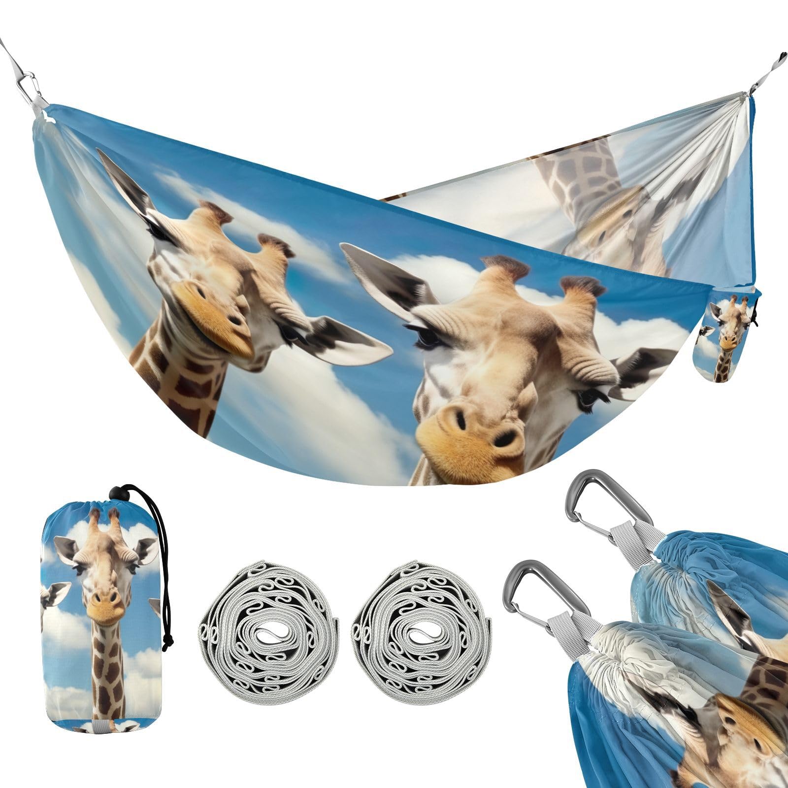 SDMKA Giraffe Heads Camping Hammock, 330 lbs with 2 Tree Straps, Carry Bag, Single Portable Hammock for Outdoor/Indoor, Hiking, Beach, Backpacking, Travel