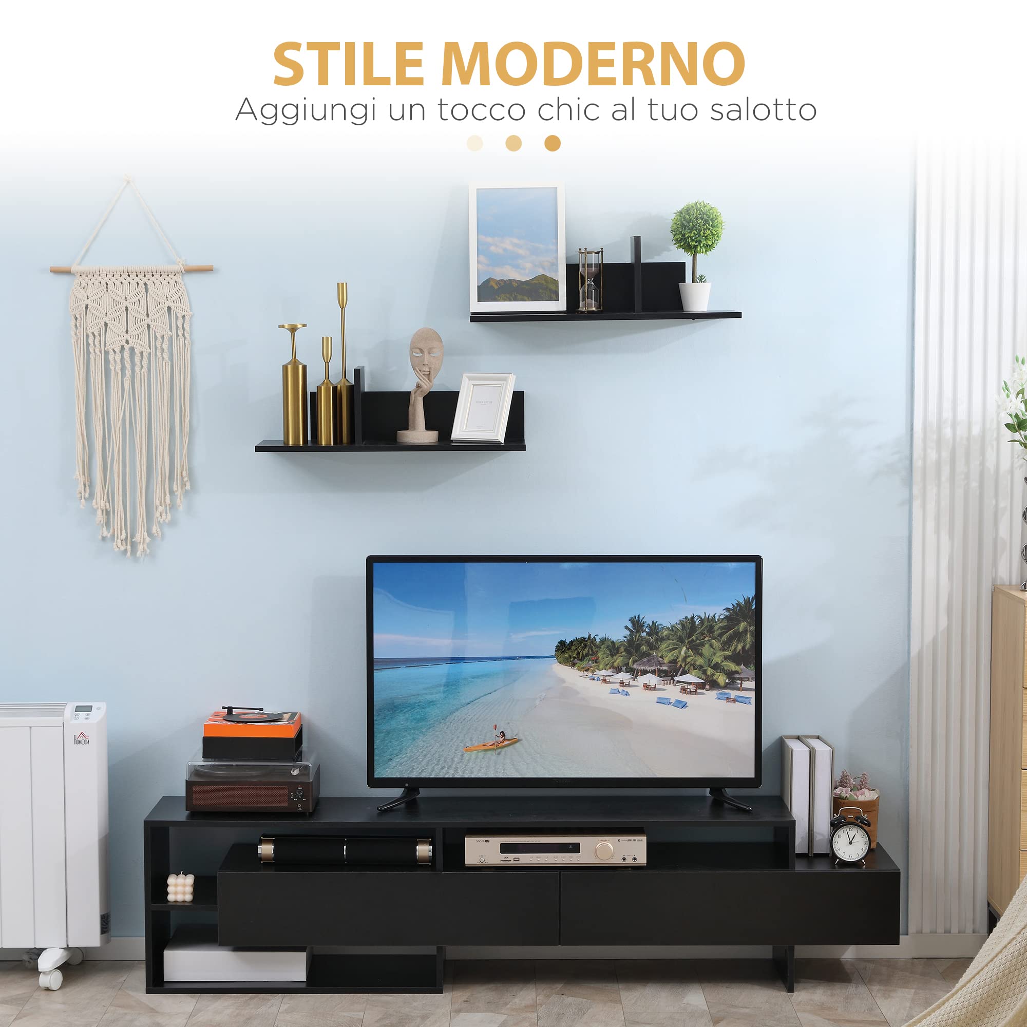 HOMCOM Mobile Porta TV Moderno con 2 Mensole in Legno, Mobiletto per Televisore con Vani Aperti e Armadietti, Nero