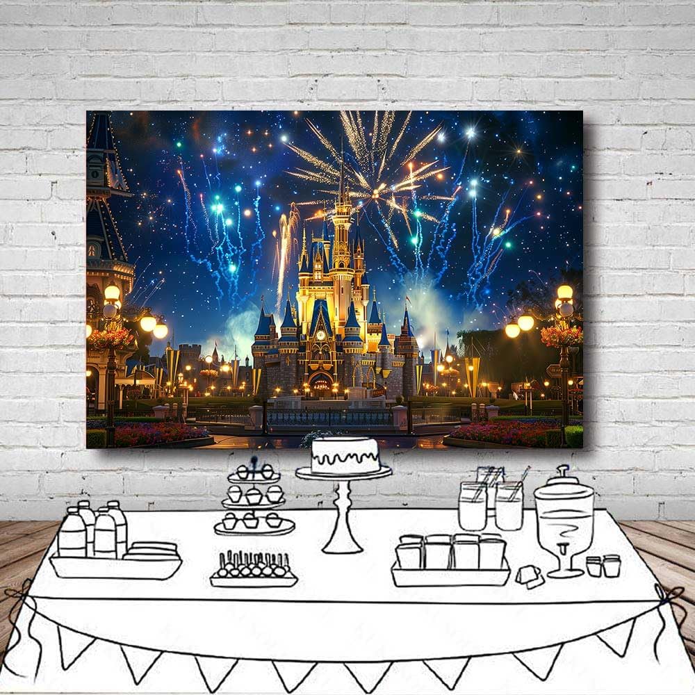 Princess Castle Backdrop Fireworks Starry Night Photo Background image 3
