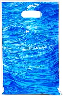 50 Pcs Ocean Waves Party Favors Bags - Blue Ocean Printing Candy Treat Plastic Bags for Birthday Baby Shower Summer Swimming Pool Themed Party Decorations
