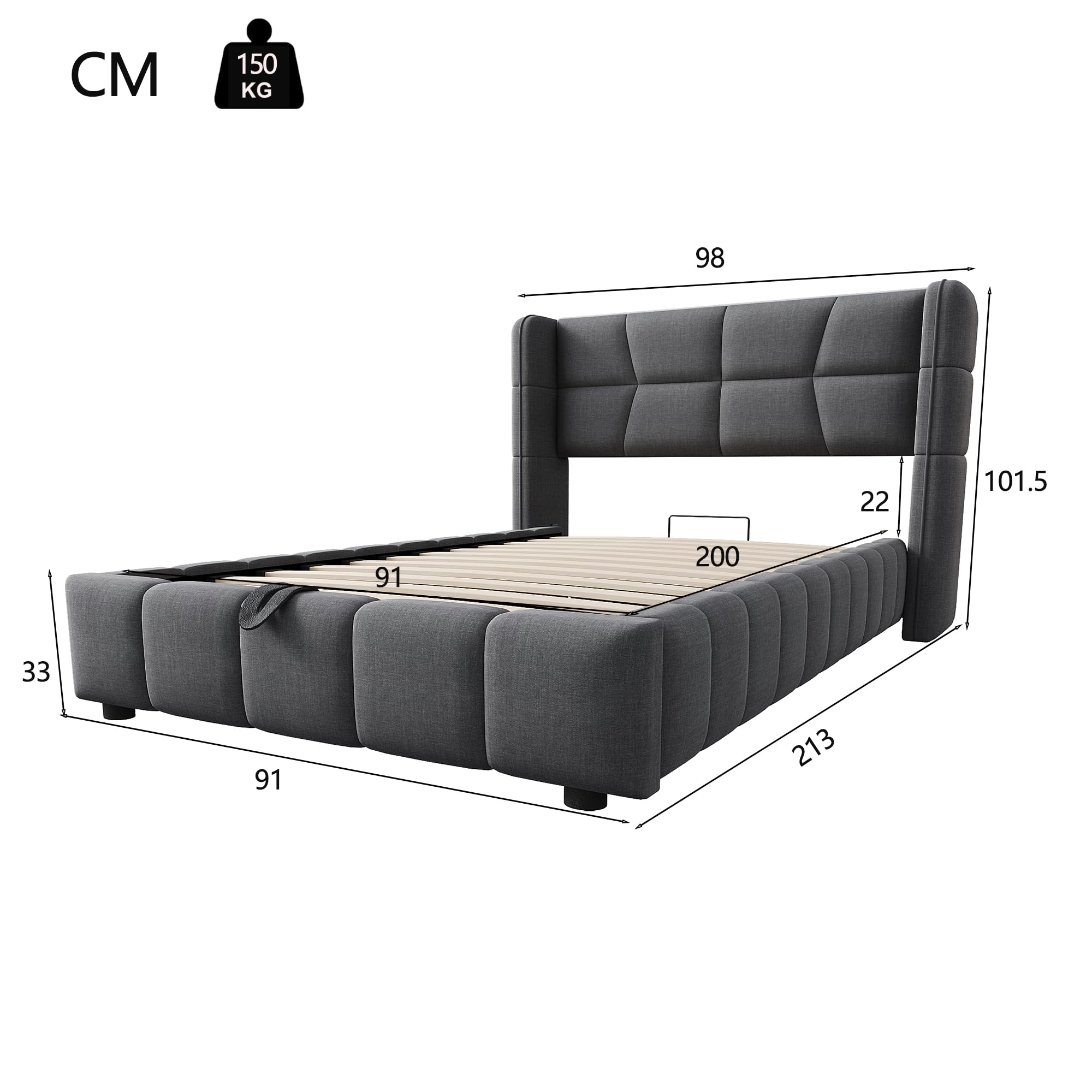 Letto Contenitore 90x200 con Sistema di Sollevamento Pneumatico Single Bed Rivestimento in Lino Su Telaio Metallico Rinforzato con Testiera Imbottita Letto Imbottito Abitazione