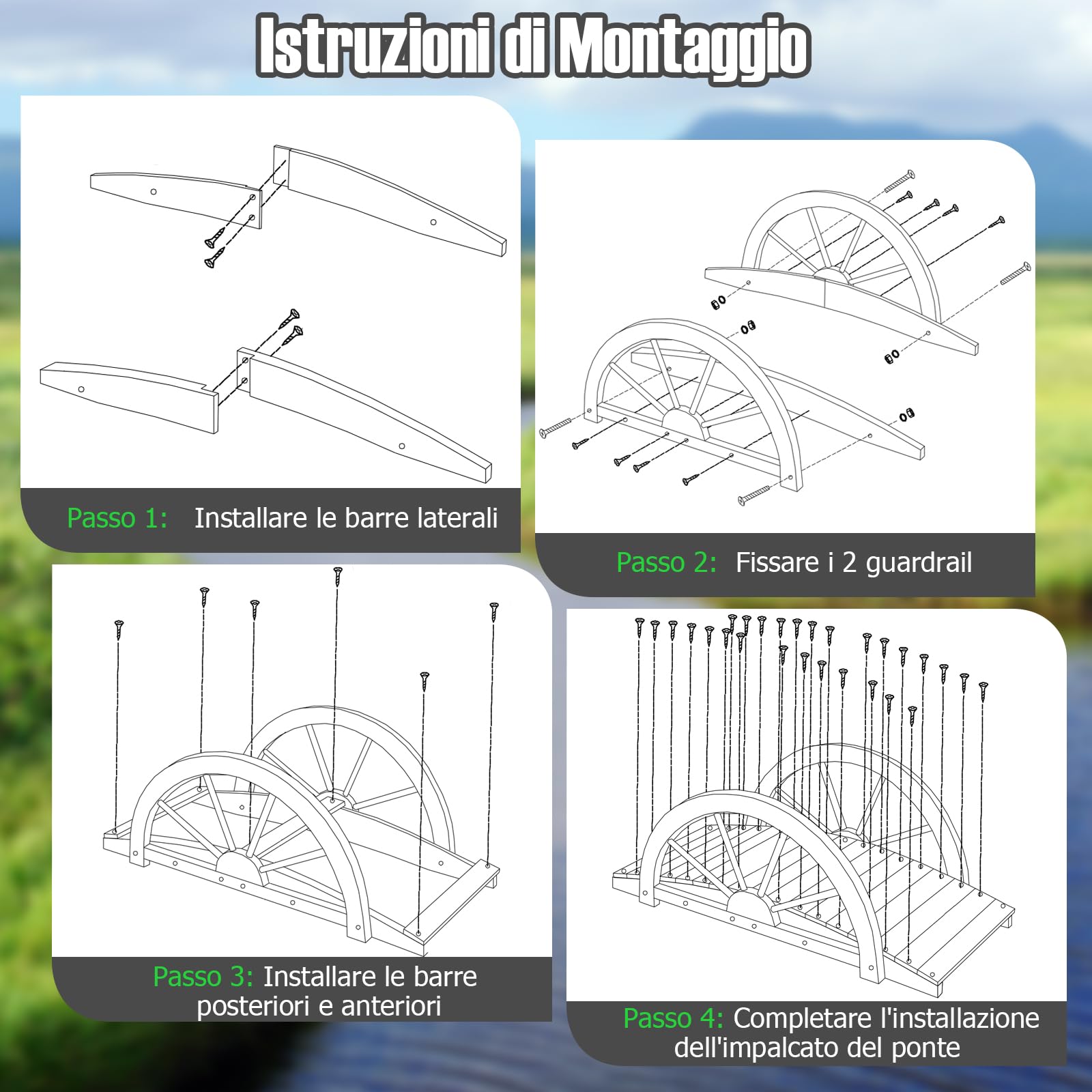 GYMAX Ponte da Giardino in Legno, con Ringhiera di Sicurezza a Forma di Ruota Finitura Tinta, da Esterno per Cortile Giardino Torrente Fattoria, 101,5 x 48,5 x 38 cm