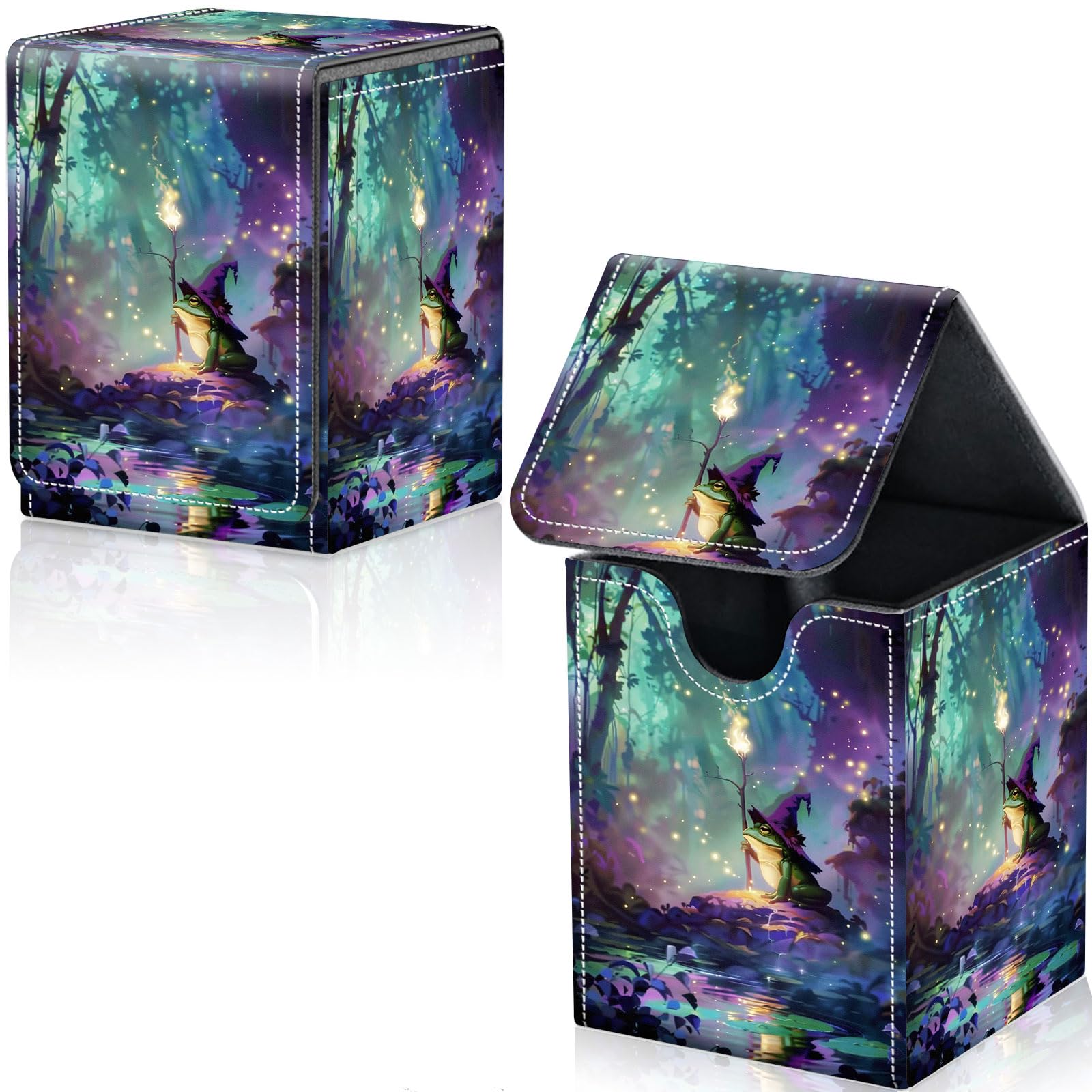 Qindaiwen Card Deck Box for Trading Cards, MTG Deck Box Fits 100+ Single Sleeved Cards, PU Leather Strong Magnet Card Deck Case Holder for Magic Commander TCG CCG, Small Wizard Frog