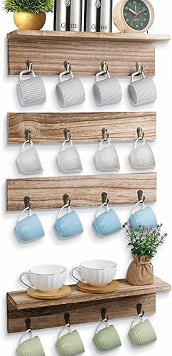 TRSPCWR Estante para tazas de café con estante de almacenamiento soporte para tazas de café de madera rústica montado en la pared con 16 ganchos