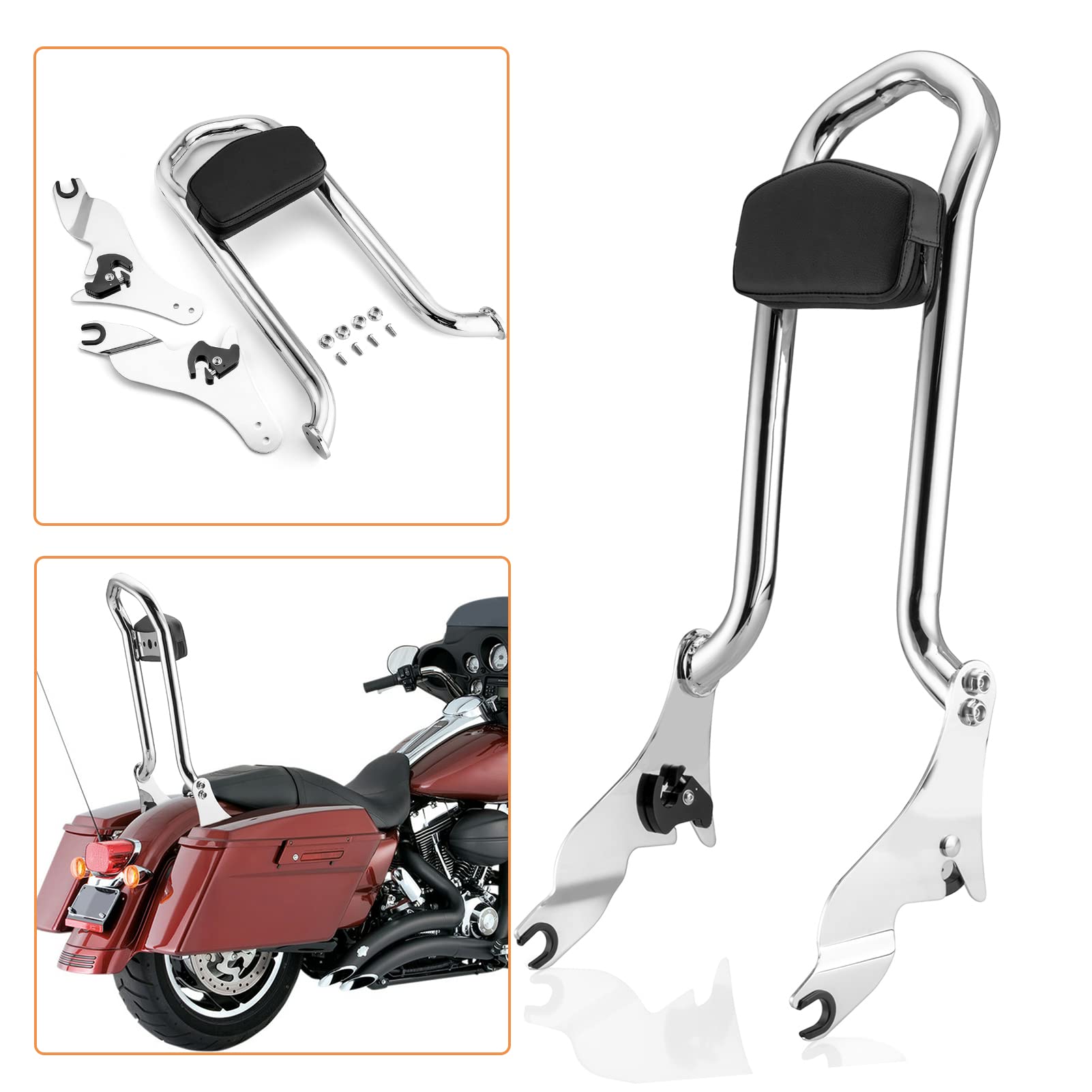 Mofun 27" Tall Sissy Bar Detachable Passenger Backrest Compatible with Harley Touring Street Glide Electra Glide Road Glide Road King 2009-2024, Chrome, 1.3" Fat Bar