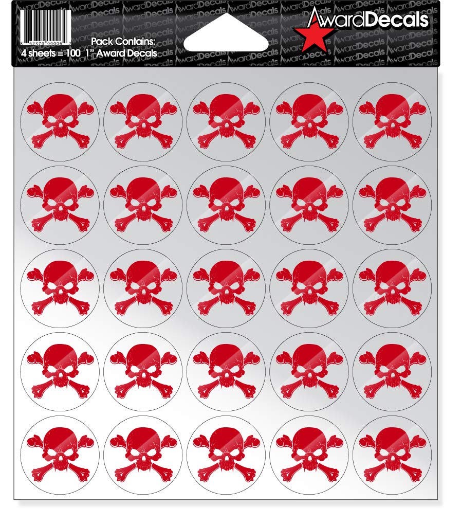 Award Decals New Skull and Crossbone (Red on Clear) Sticker Set 1" (100 Decals) The Original Award Decals Premium 20mil Thick Helmet Decals Made in