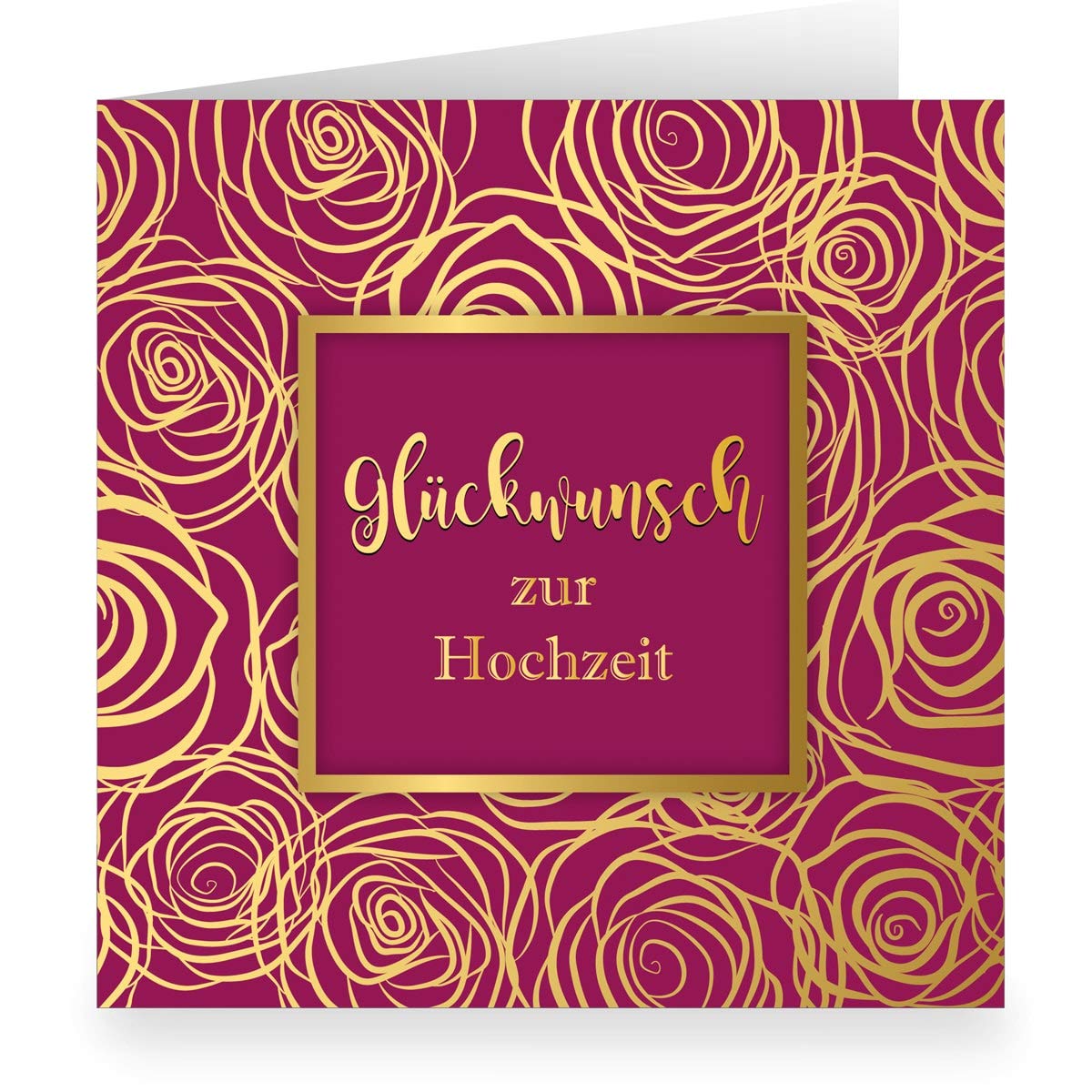 Kartenkaufrausch 12 x Moderne Hochzeitskarte mit Rosen Blüten üppig nobel in Gold Optik (quadratisch 15,5cm + Umschlag) bordeaux rot: Glückwunsch zur Hochzeit- große XL Karte für Familie