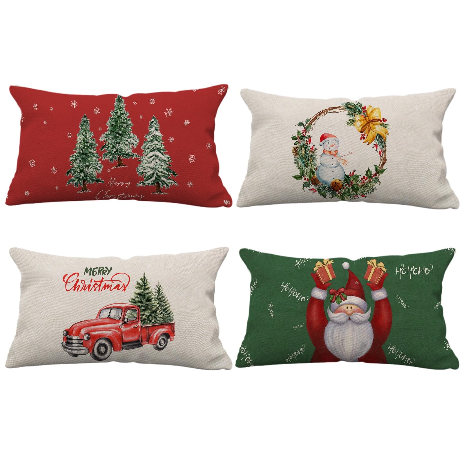 Christmas Pillow Covers 12x20 Set of 4 Merry Christmas Pillow Cases Red Christmas Tree Green Santa Truck Throw Pillow Covers Xmas Holiday Pillow Covers Outdoor Couch Sofa Cushion Covers Decoratio 12