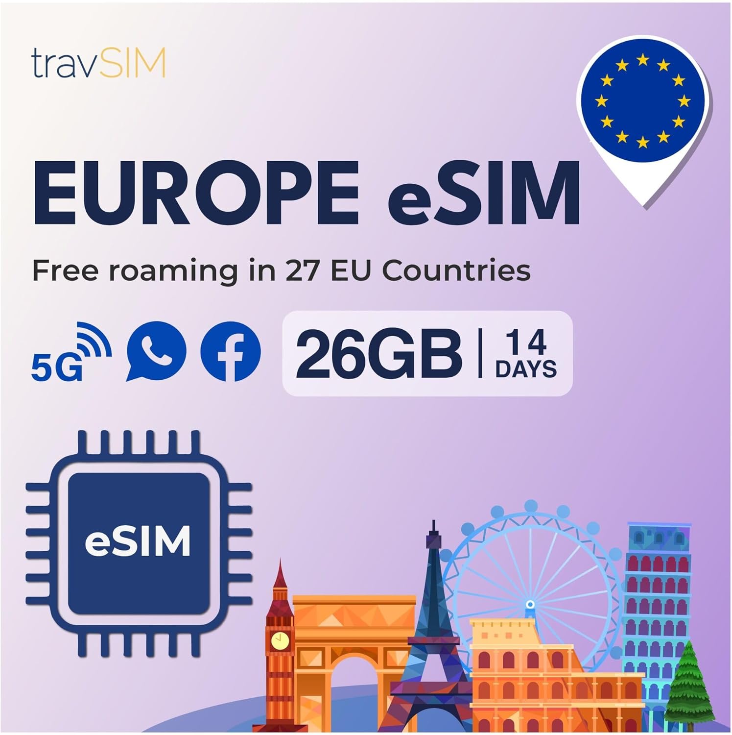 travSIM Europe eSIM | 26GB Connectivity | 4G 5G Performance | Fourteen-Day Validity | Digital Data Access | European Union Coverage