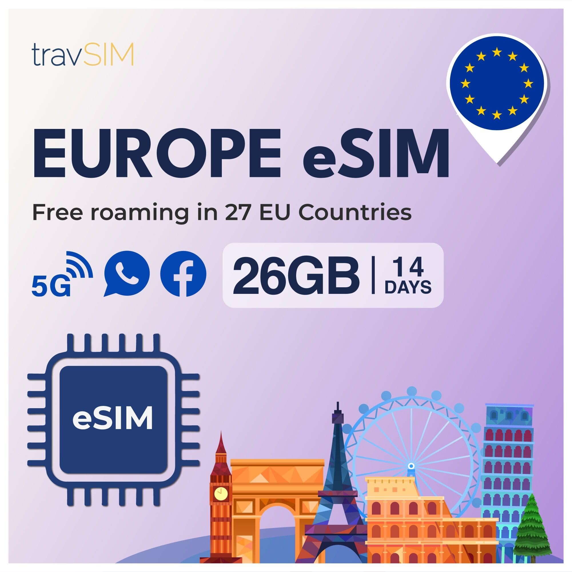 travSIM eSIM Europe | 26GB de données à des Vitesses 4G/5G | e-SIM Data Only | Utiliser e SIM Europe dans 27 Pays de l'UE | Plan valable 14 Jours