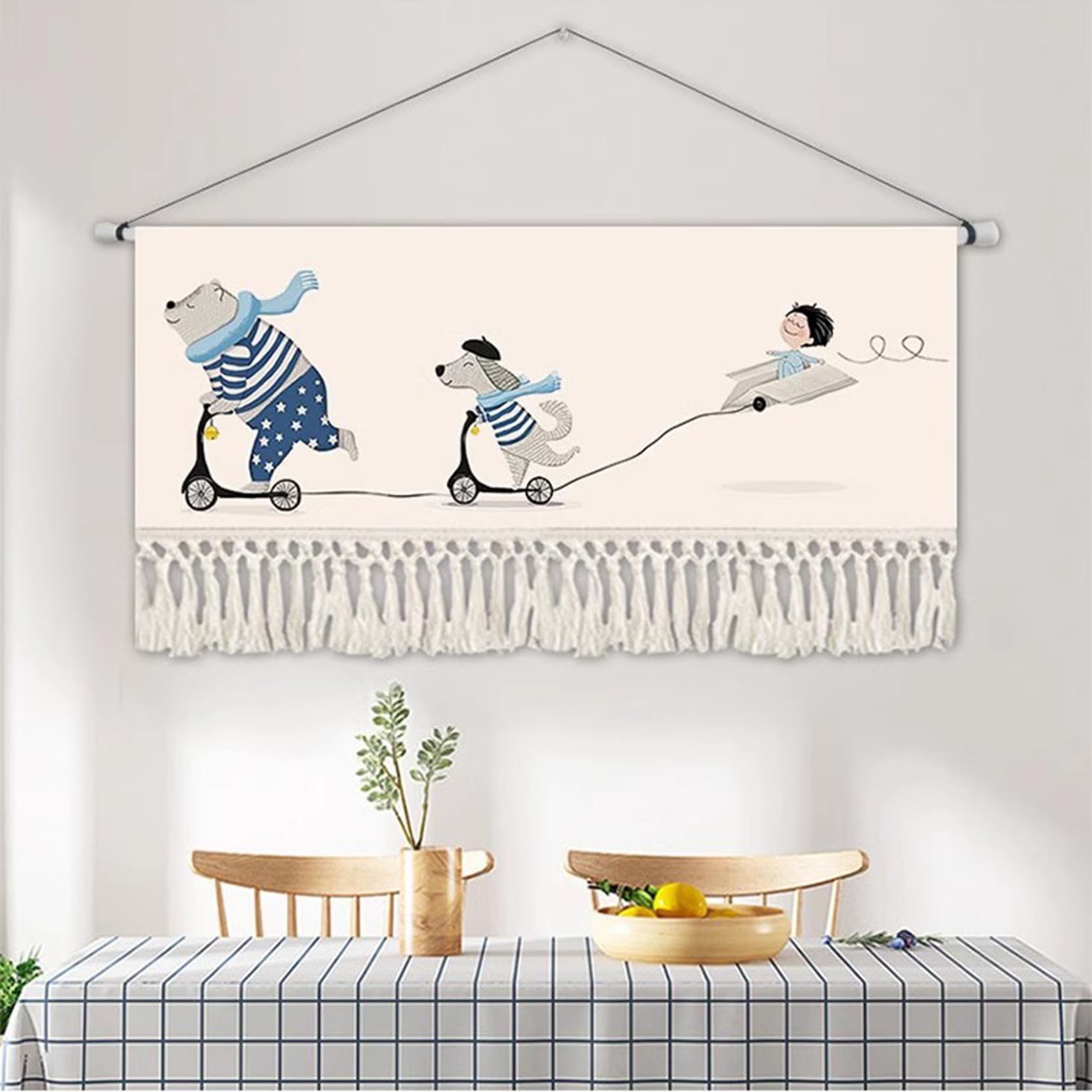 Tapiz Grande para Colgar en la Pared de macramé,Estilo nórdico,NO Hanging Rod,Tapiz de Pared con borlas de cordón de algodón, Pancarta Moderna de Lino y algodón decoración,G-120x40cm