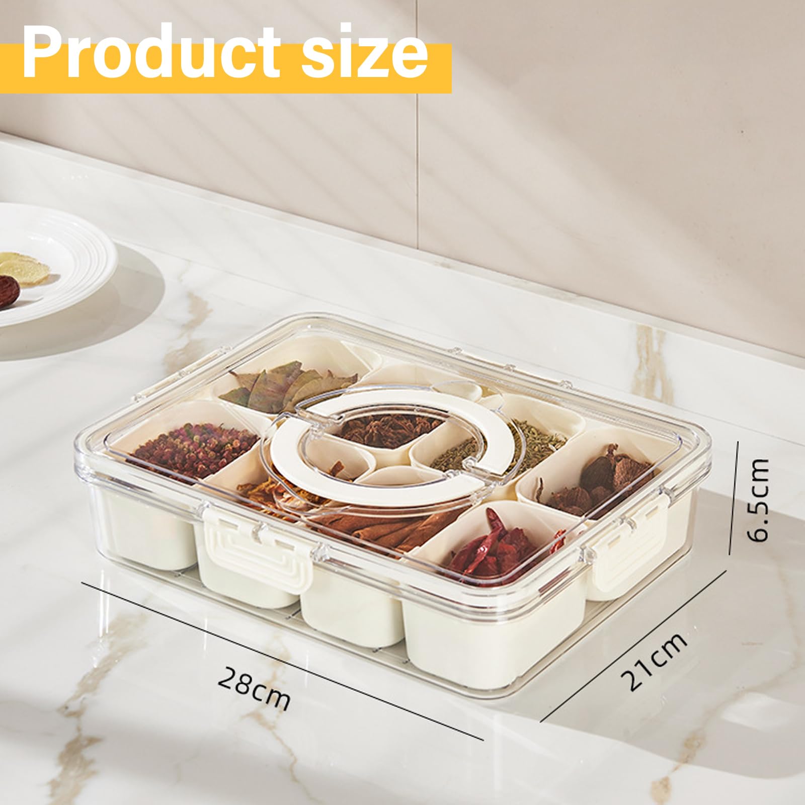 Plato para servir refrigerios, plato para refrigerios con 8 compartimentos, caja de almacenamiento para refrigerios con tapa y asa, bandeja organizadora para dulces, postres de galletas vegetales — view 5
